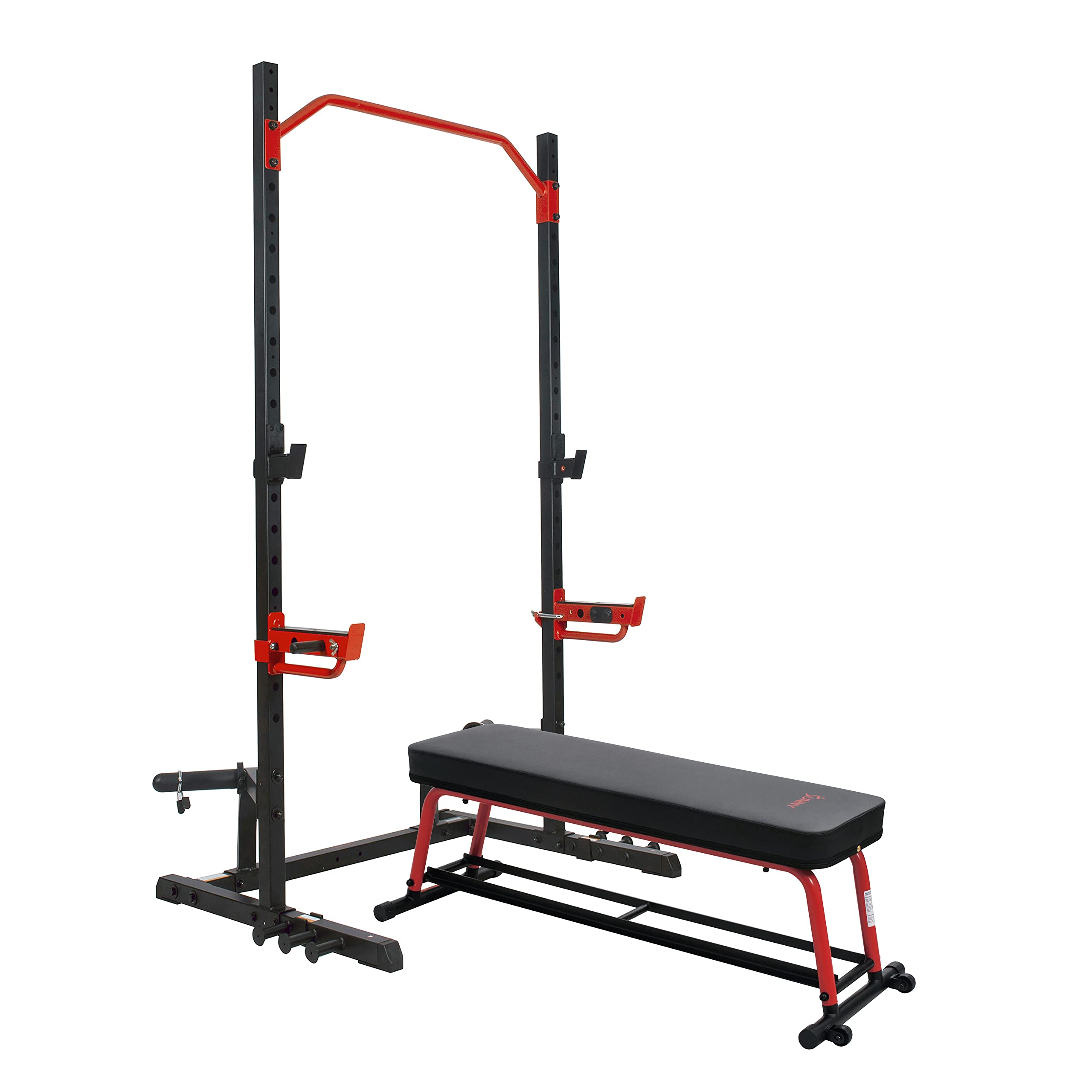 Sunny Health & Fitness Power Squat Rack with Adjustable Weight Bench - Home Gym Equipment for Strength Training & Weightlifting