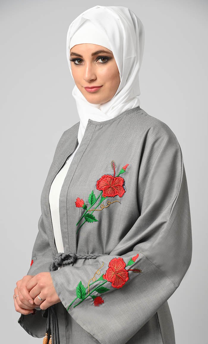 Elegant Grey Chambray Embroidered Shrug Bisht Abaya for Women - Modest Islamic Fashion for Prayer, Wedding & Special Occasions