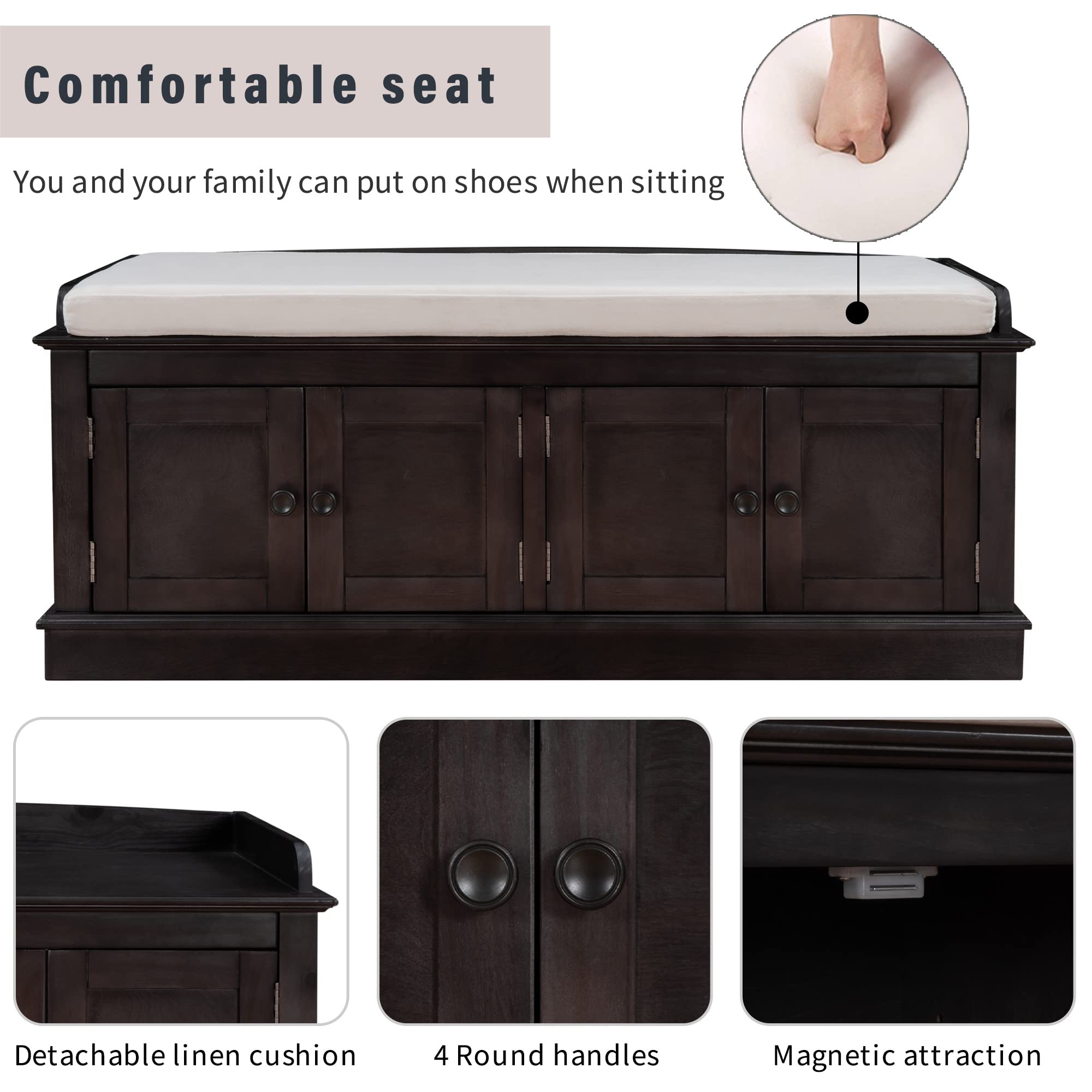 Multi-Functional 4-Door Storage Bench with Adjustable Shelves & Removable Cushion - Shoe Organizer Bench for Entryway, Living Room, Hallway - Perfect for Small Space Organization (Espresso Finish) - Ideal for Home Entry Storage & Shoe Display