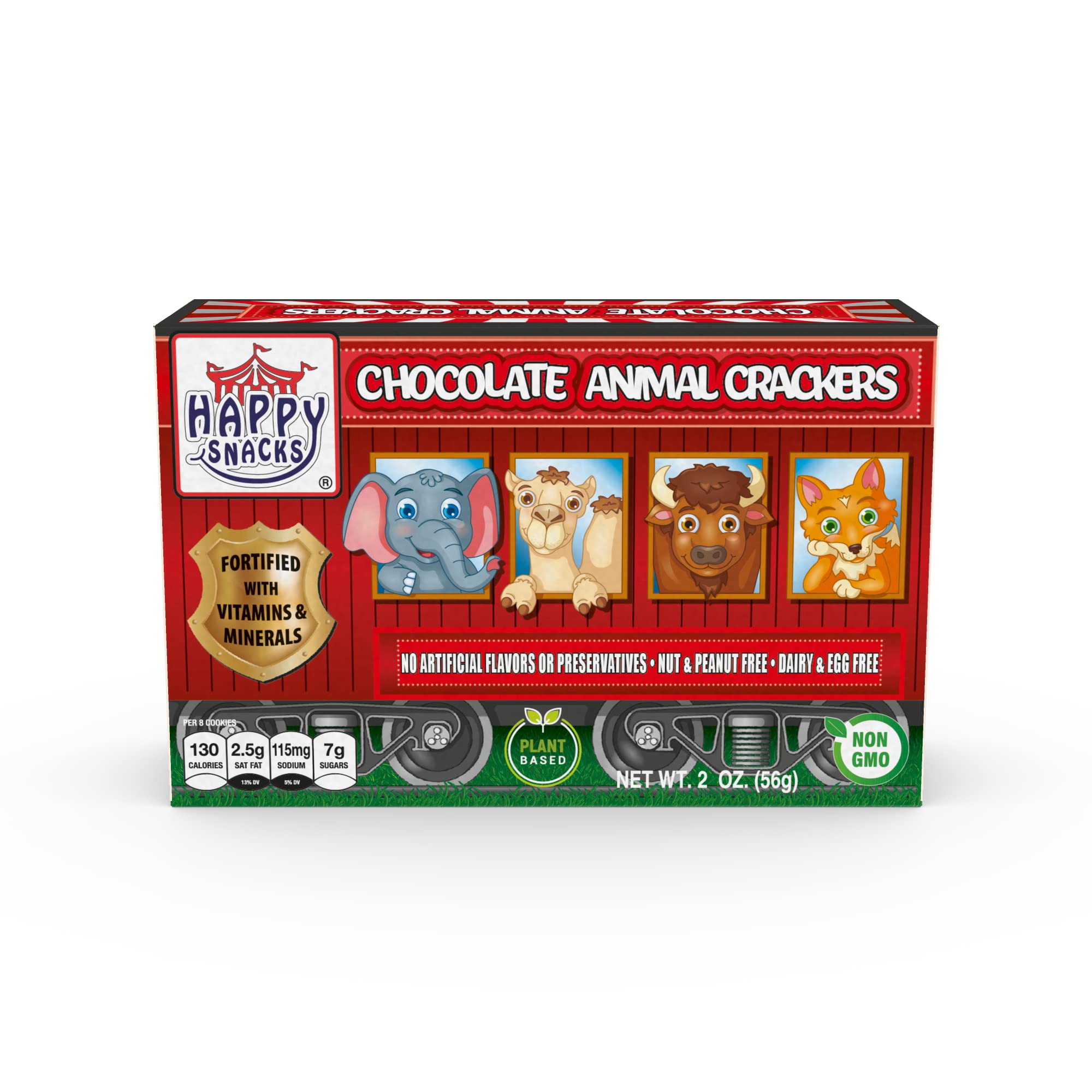 Happy Snacks Animal Crackers - Vegan, Nut-Free, Peanut-Free, Fortified with Vitamins & Minerals, No Artificial Flavors - Chocolate Flavored, 2 Oz (Pack of 12) - Perfect for School Lunches, Parties & Healthy On-the-Go Snacking