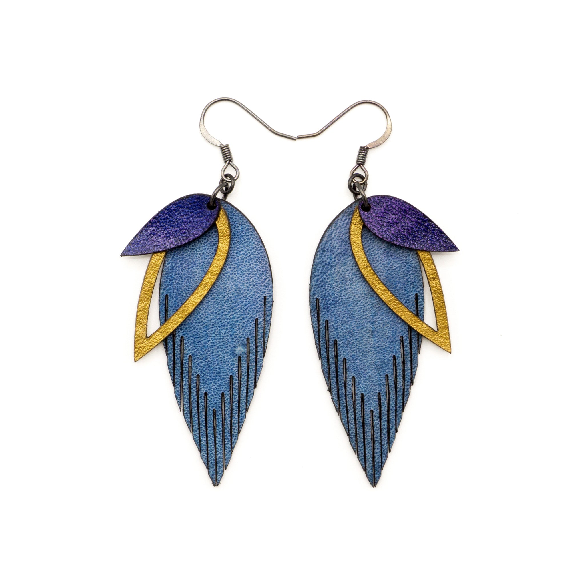 3 Layer Genuine Leather Earrings for Women - Blue, Gold, Purple Boho Chic Dangle Earrings | Perfect for Festivals, Parties & Everyday Wear