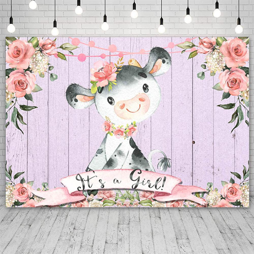 10x7ft Pink Floral Holy Cow Baby Shower Backdrop - Rustic Wood Photography Background for It's a Girl Party Decorations | Perfect for Baby Shower Photo Booth, Gender Reveal Events & Newborn Photography