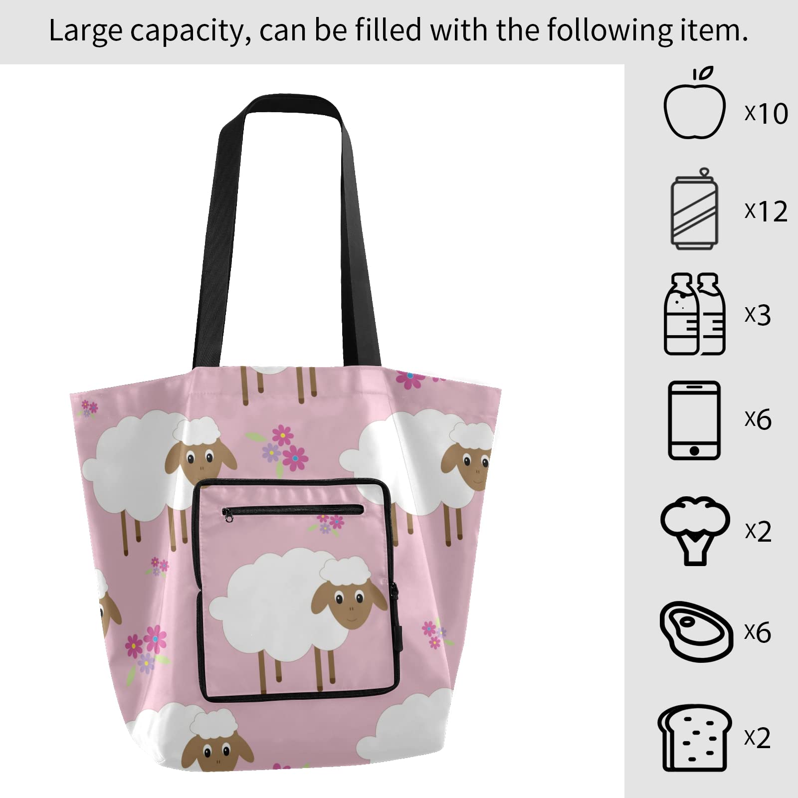 ALAZA Cute Sheep Print Large Pink Tote Bag - Reusable Foldable Grocery Shopping Bag with Handles for Women, Lightweight Shoulder Bag for Outdoor Picnic, Travel, Beach & Daily Use