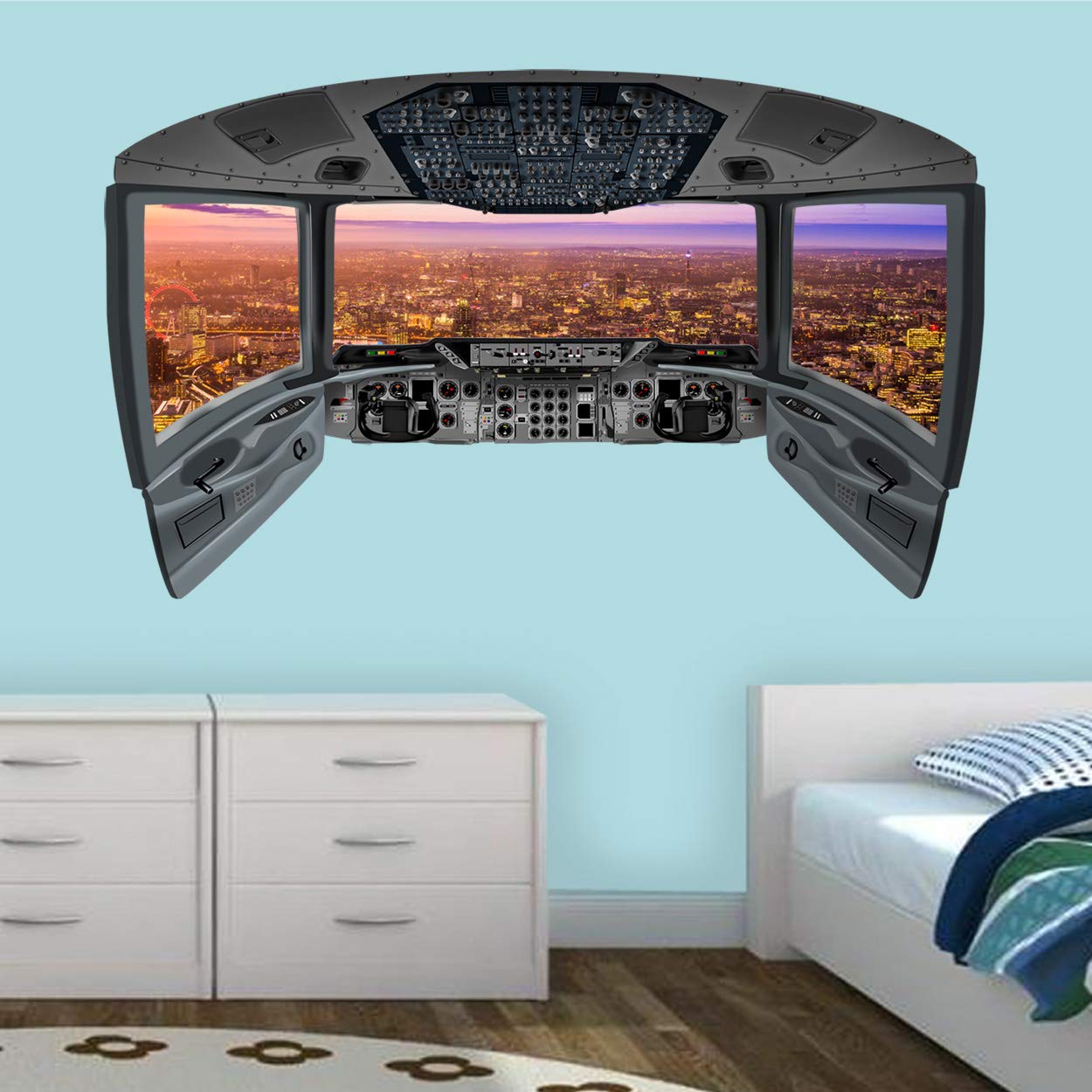 VWAQ 3D Airplane Cockpit Wall Sticker - London City View Vinyl Decal (18