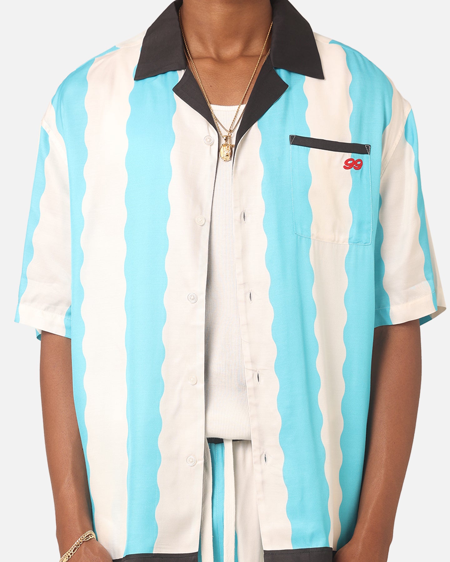99 Cabana Bowling Short Sleeve Button Up Shirt for Men - Light Blue & Off White Hawaiian Style Casual Shirt - Perfect for Beach, Vacation, and Summer Outings