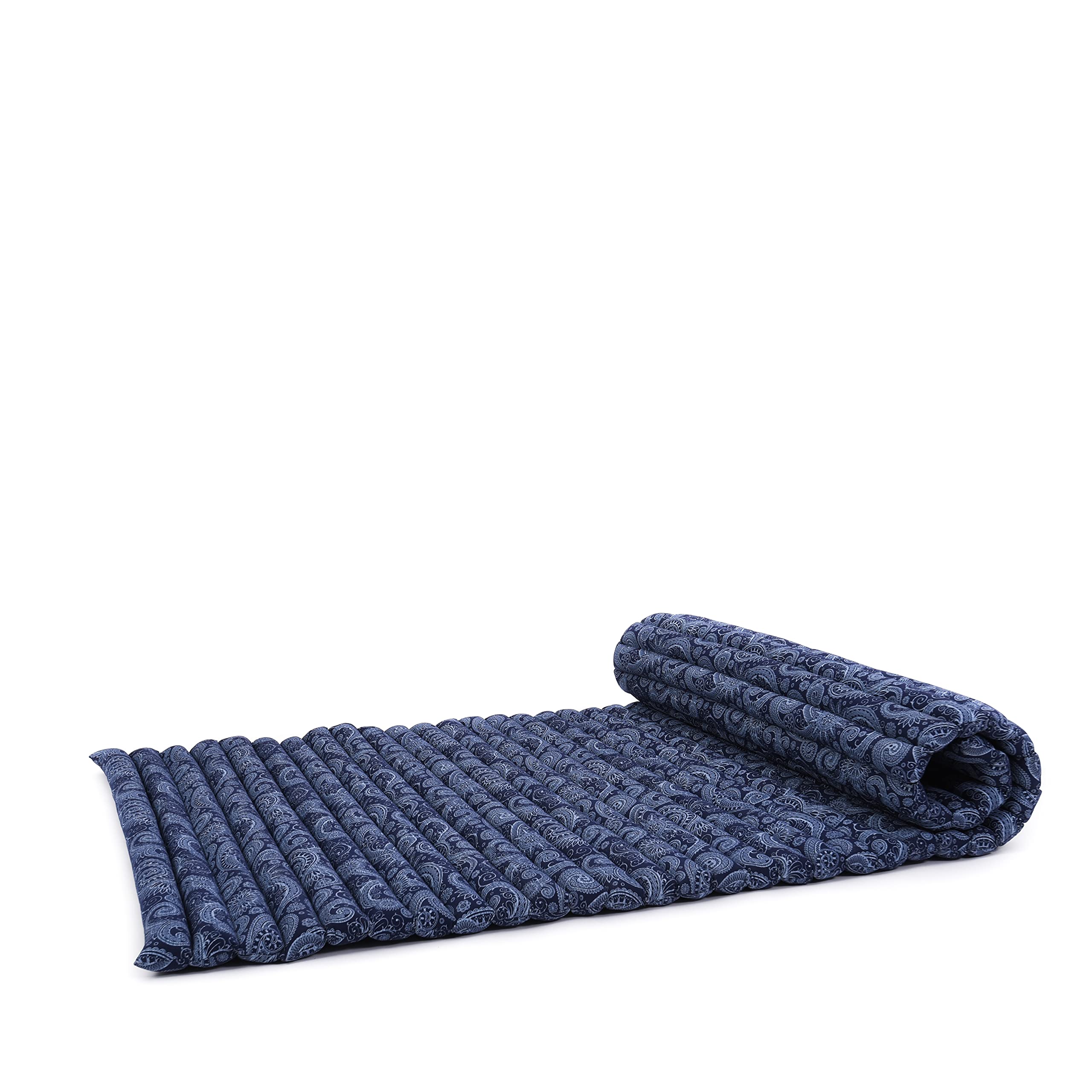 LEEWADEE Rollable Floor Mat - Eco-Friendly Kapok Filled Thai Mattress for Sleeping & Massage | Soft Foldable Yoga Mat 75x39 Inches (Blue White) | Ideal for Home, Office, Meditation & Travel Use