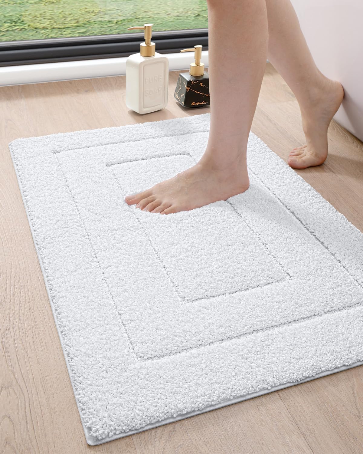 DEXI Non-Slip Bathroom Rug 36x24 Inch, Absorbent Quick-Dry Washable Shower Mat with Rubber Backing - Soft Microfiber Bath Carpet for Bathroom Floor (White) - Perfect for Bathroom, Shower, and Vanity Areas