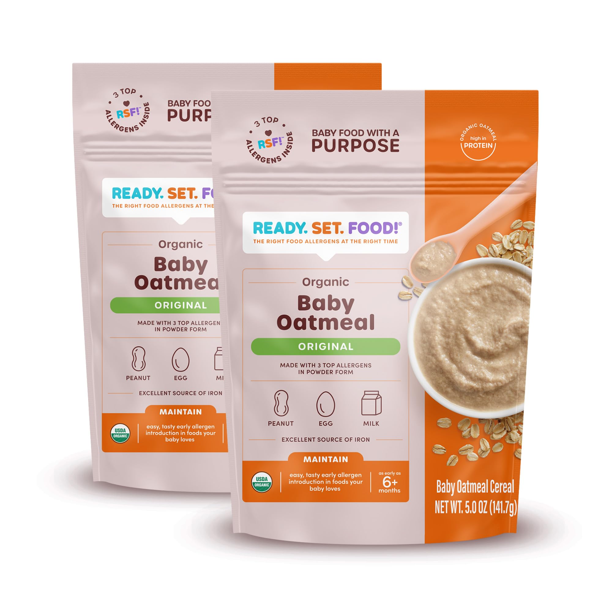 Organic Baby Oatmeal Cereal with Peanuts, Egg & Milk - Early Allergen Introduction for Babies 6+ Months | Ready Set Food Safe & Easy Organic Baby Food | 2-Pack for Home & Daycare Use