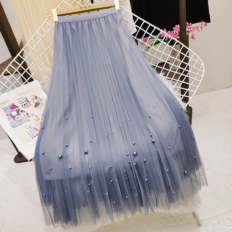 Beaded Mesh High Waist Fairy Pleated Midi A-Line Skirt for Women | Elegant Boho Summer Skirt for Beach, Party & Casual Wear | Style 731