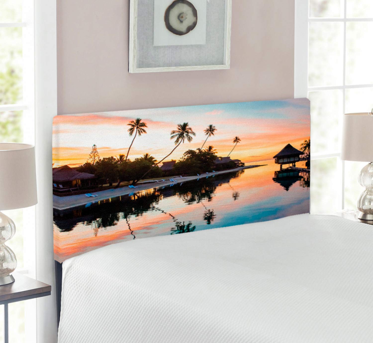 Ambesonne Tropical Headboard - Upholstered Decorative Metal Bed Frame with Memory Foam | Twin Size | Yellow Coral Blue | Tropical Sunset Moorea French Polynesia Design | Perfect for Beach-Themed Bedrooms, Vacation Homes & Resort-Style Decor