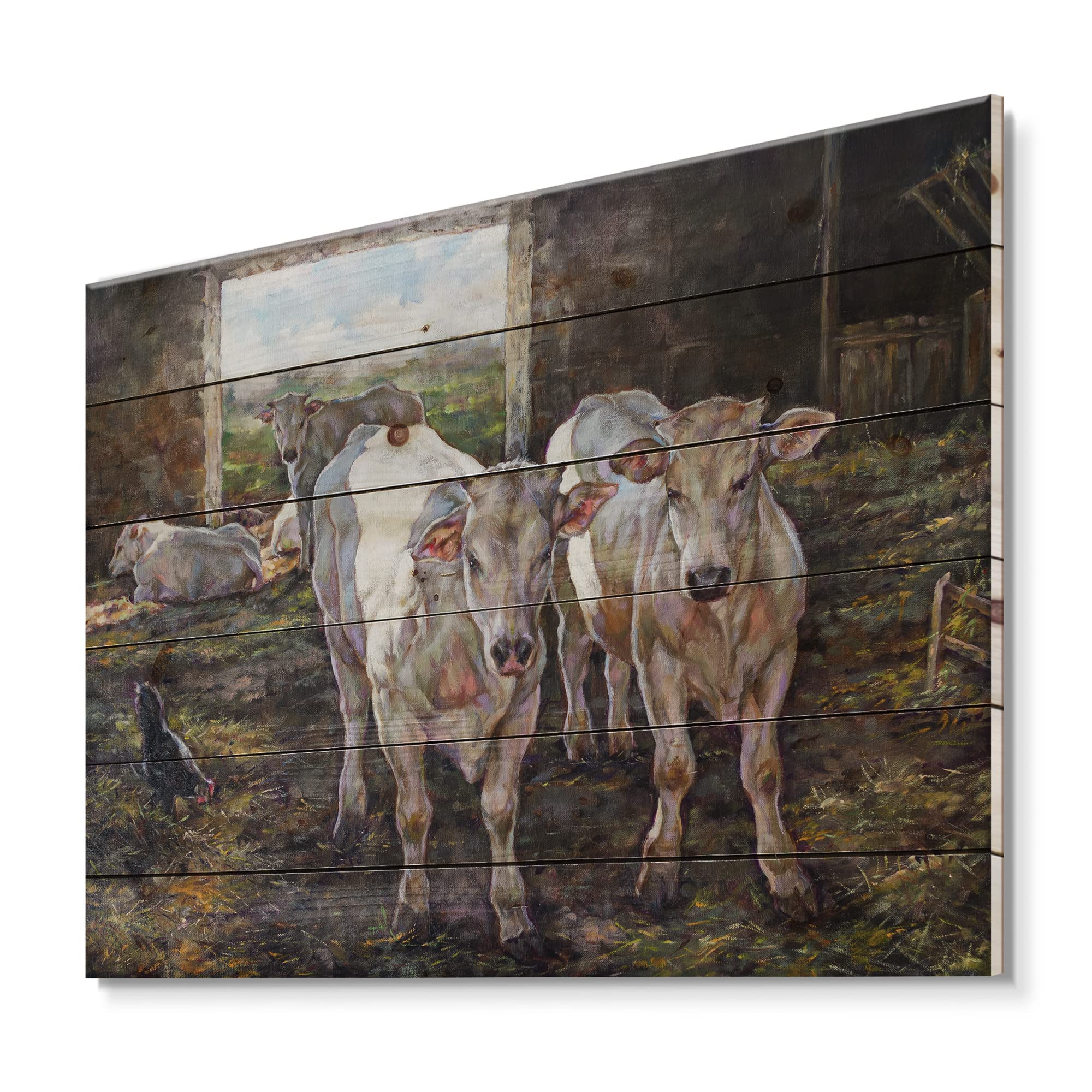 DesignQ Two Cows in Stable Farmhouse Wood Wall Decor - Brown Rustic Wood Wall Art - Large Animal Wood Panels Printed on Natural Pine - Perfect for Living Room, Bedroom & Country Style Home Decor