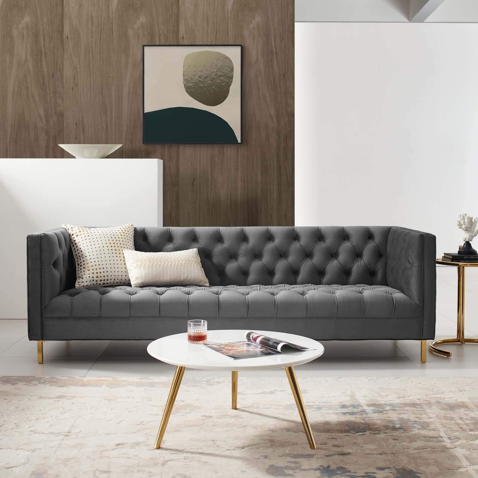 Modway Delight Tufted Button Performance Velvet Tuxedo Sofa with Gold Stainless Steel Legs - Gray Modern Living Room Furniture for Small Spaces, Apartments & Home Office