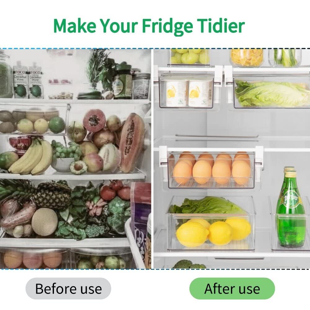 Clear Plastic Refrigerator Organizer Bins with Handles - Pull Out Fridge Drawer for Cheese, Deli Meat, Drinks, Fruits & Vegetables - Heavy Duty Under Shelf Storage - Perfect for Kitchen Organization & Food Preservation