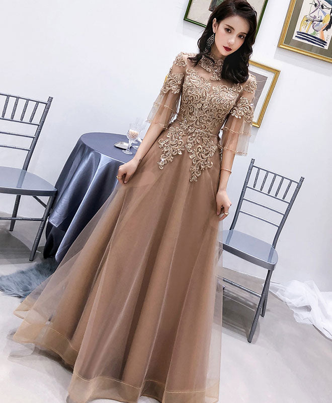 Elegant Champagne High Neck Tulle Lace Long Prom Dress - Formal Evening Gown for Homecoming, Ball, Wedding & Special Occasions