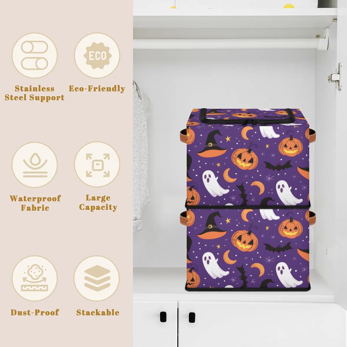 Halloween Ghost Storage Boxes with Sturdy Handles - 2 Pack Zippered Storage Bins for Clothes, Toys & Home Organization | Perfect for Seasonal Decor, Kids' Room & Party Supplies