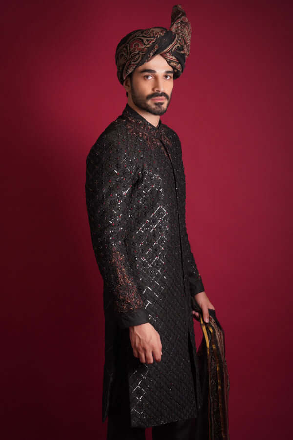 Elegant Jet Black Sherwani with Jewel Tones | Premium Indian Wedding Attire for Groom & Groomsmen | Perfect for Weddings, Festivals & Special Occasions
