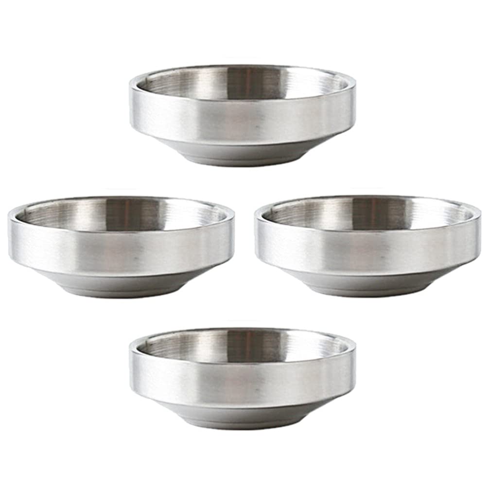 Hemoton 4-Piece Stainless Steel Double Layer Kimchi Bowls - Mixing Bowls for Appetizers, Dips, Sauces & Asian Spices - Perfect for Sushi, Korean Dishes & Food Tasting - Durable Metal Dipping Plates for Home & Restaurant Use