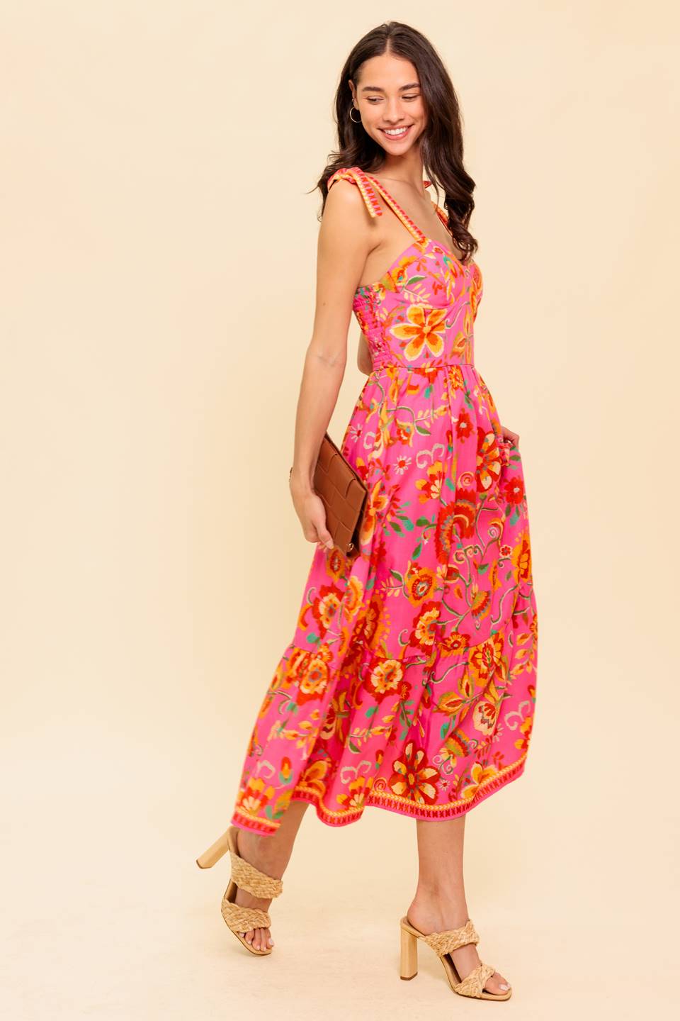 Garden Gathering Bustier Midi Dress in Pink Multi - Perfect for Summer Parties, Weddings, and Outdoor Events