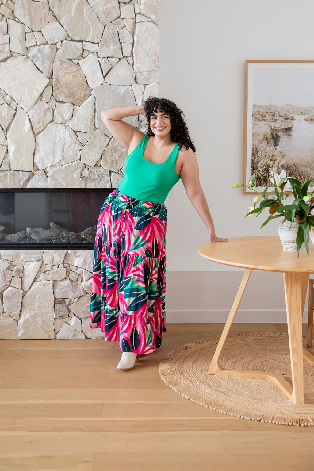 Carrie Skirt in Jungle Pink - Women's Floral A-Line Midi Skirt with Pockets | Perfect for Spring Outfits, Office Wear & Casual Dates