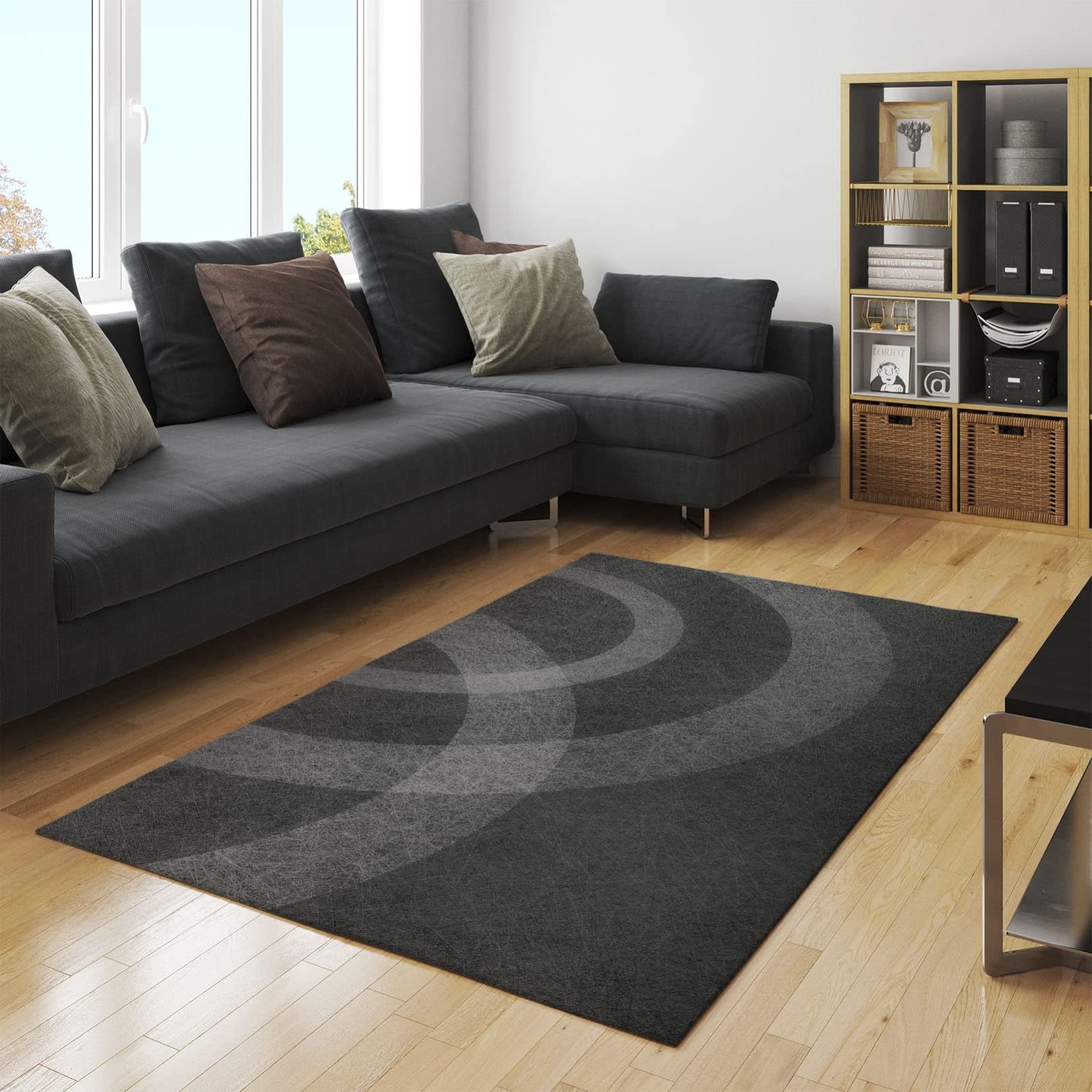 Modern Abstract Wavy Circles Design Area Rug - Soft Washable Black & Grey Carpet for Nursery, Bedroom, Living Room - 5' x 6' Kids Room Decor & Home Decor - Perfect for Playrooms, Dorm Rooms and Cozy Spaces