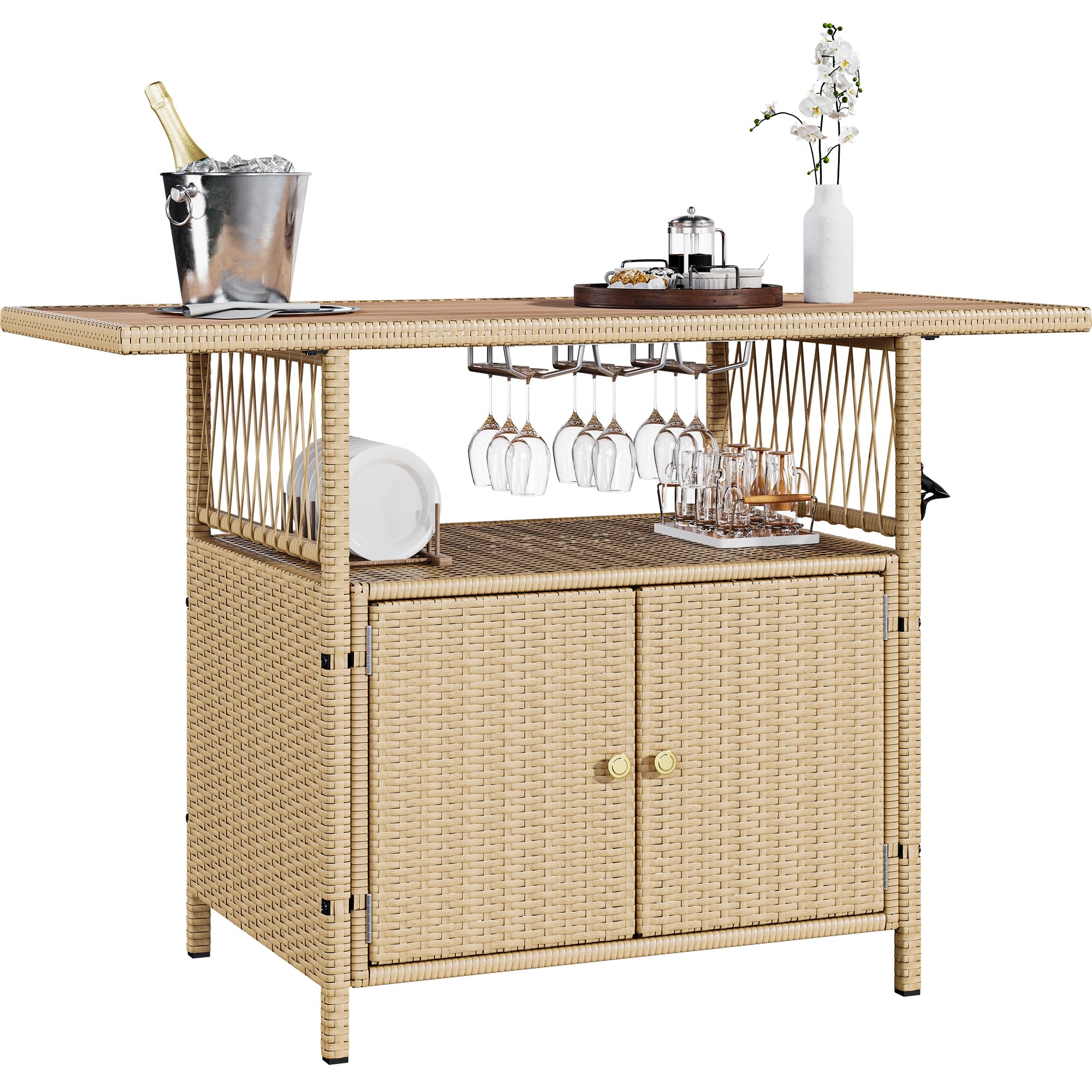 YITAHOME XL Outdoor Storage Cabinet - Weather-Resistant Patio Wicker Bar Table with Plastic Wood Tabletop, Wine Glass Holders & Built-in Bottle Opener, Light Brown - Perfect for Backyard, Deck, Poolside & Outdoor Entertaining