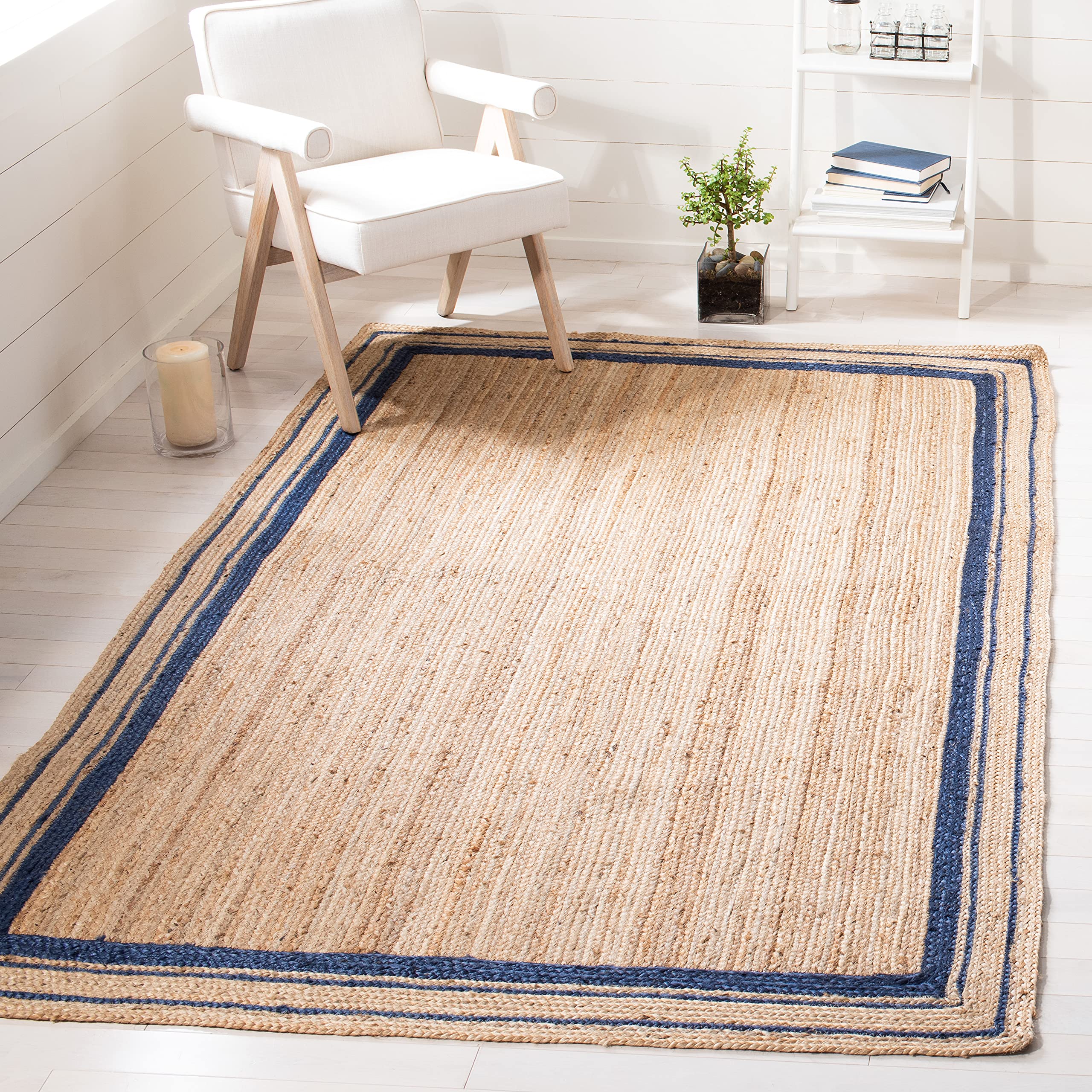 SAFAVIEH Handmade Jute Area Rug 6' x 6' Square - Natural Fiber Farmhouse Rug with Navy Border (NF109N) | Perfect for Living Room, Bedroom & Boho Home Decor
