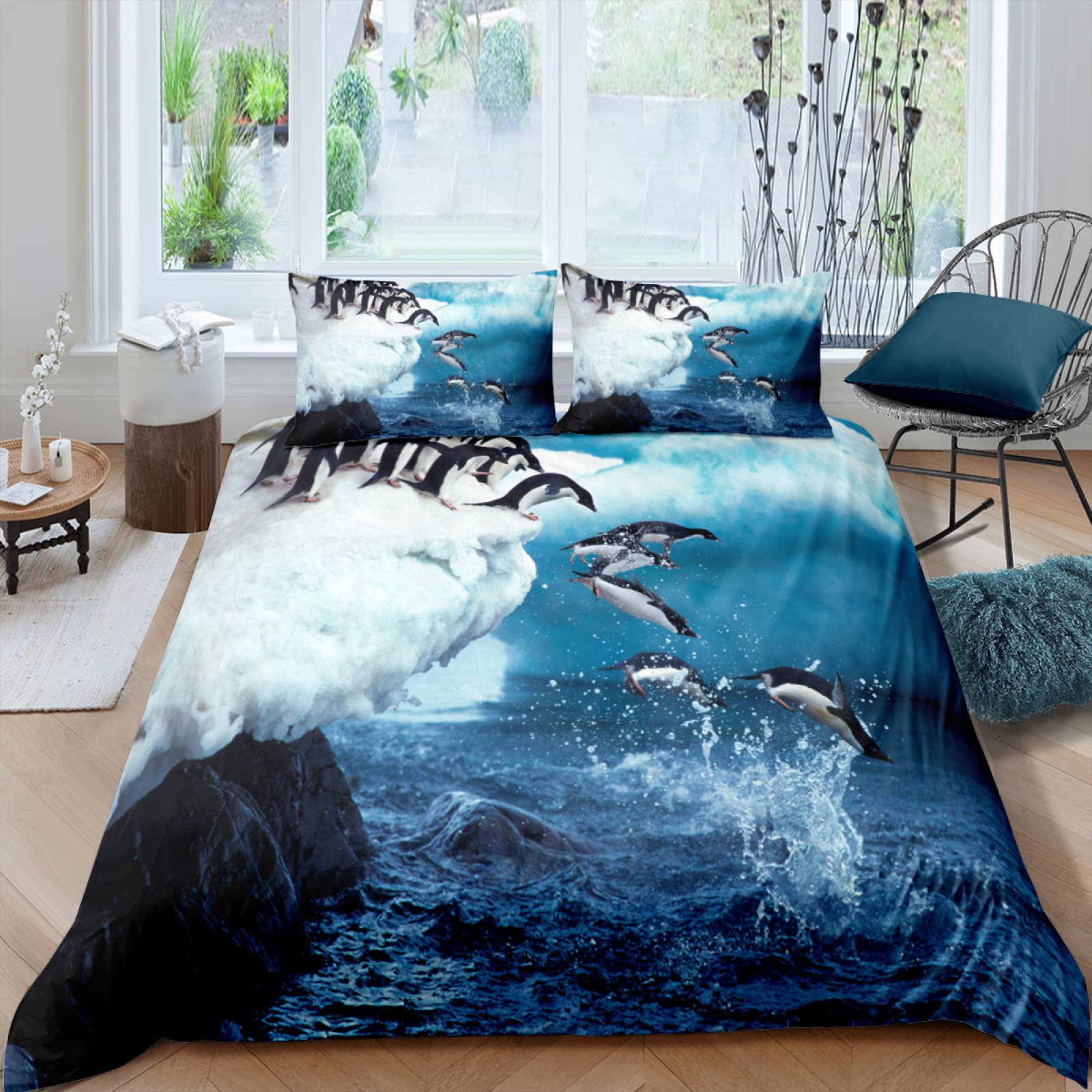 Premium Full Size Duvet Cover Set - Light Blue Penguin Print Microfiber Quilt Cover with Hidden Zipper + 2 Pillowcases (20
