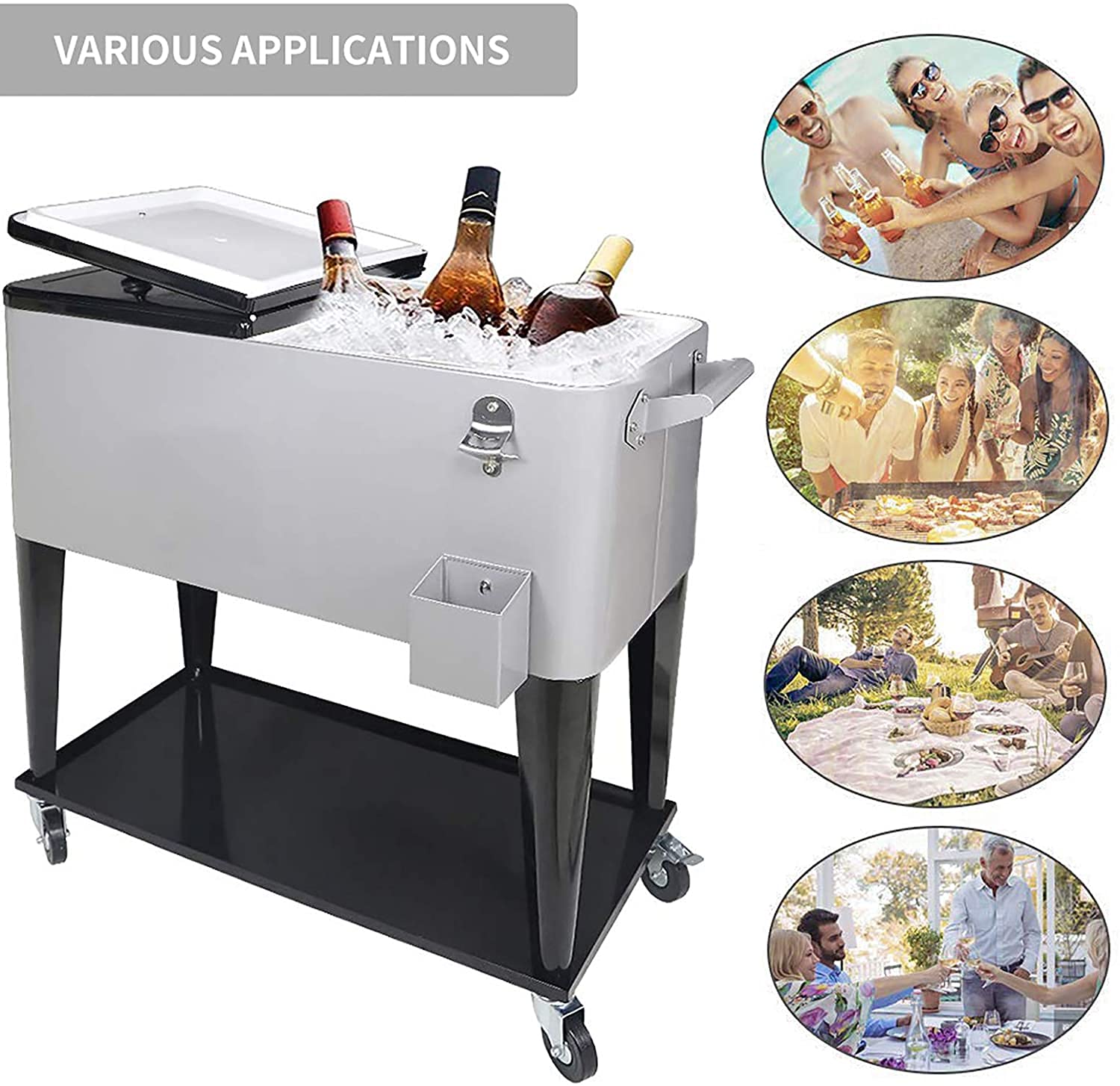 SHAREWIN 80QT Rolling Cooler Cart with Wheels - Large Capacity Outdoor Ice Chest for Backyard, Camping & Beach - Portable Beverage Cooler with Shelf & Bottle Opener for Pool Parties, Tailgating & Picnics