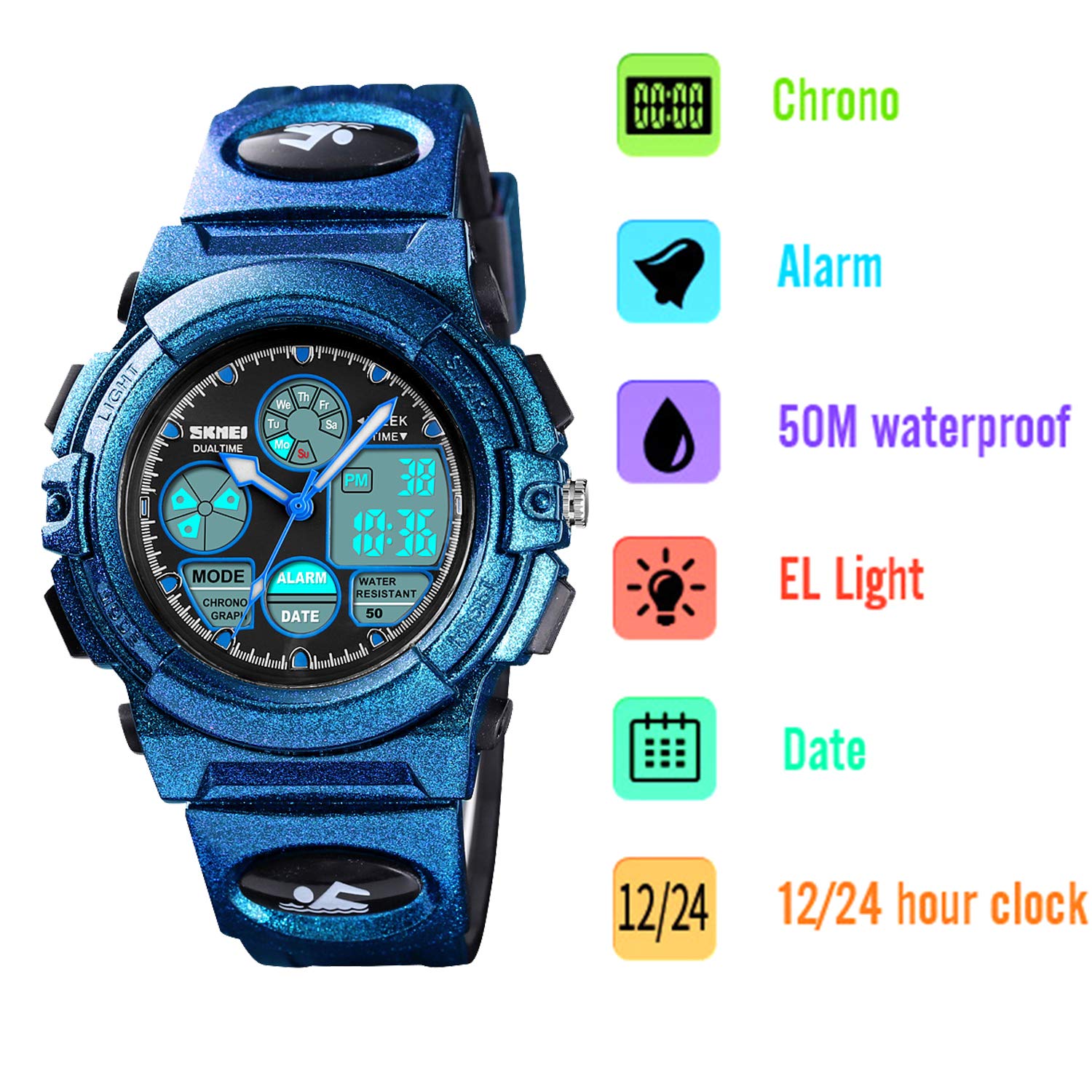 Boys Digital Sports Watch - 50M Waterproof Electronic Watch with LED Display - Blue - Perfect for Outdoor Activities, Swimming & School