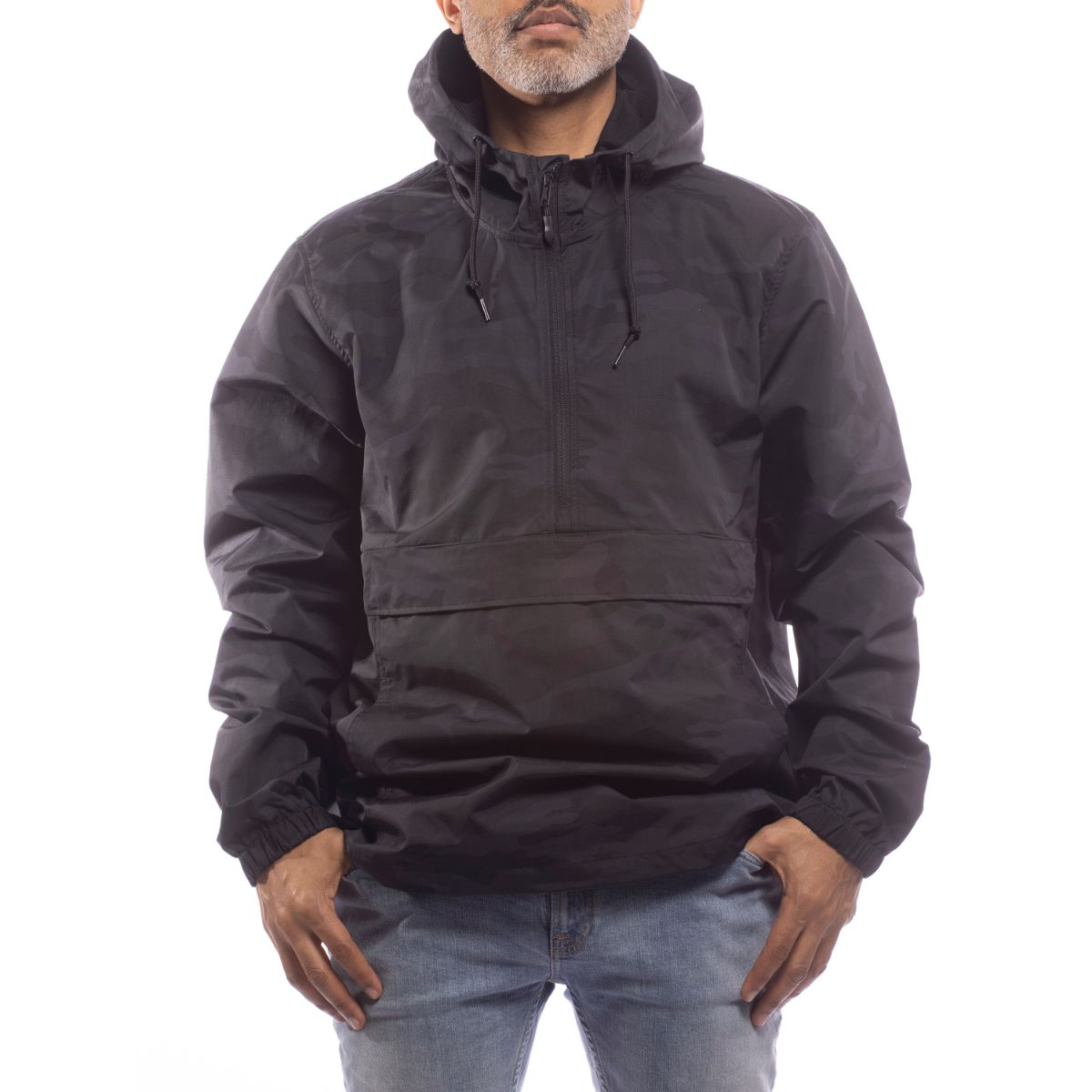 Upcycled Black Camo Anorak Rain Jacket - Sustainable Waterproof Outdoor Wear for Hiking & Urban Adventures