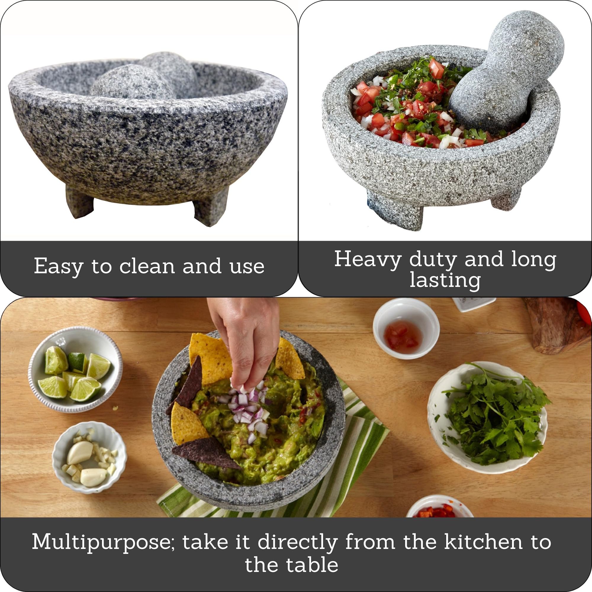 IMUSA USA 6-Inch Gray Granite Molcajete Spice Grinder - Authentic Mexican Mortar & Pestle for Guacamole, Salsa, Herbs & Spices - Perfect for Kitchen, Restaurant & Outdoor Cooking