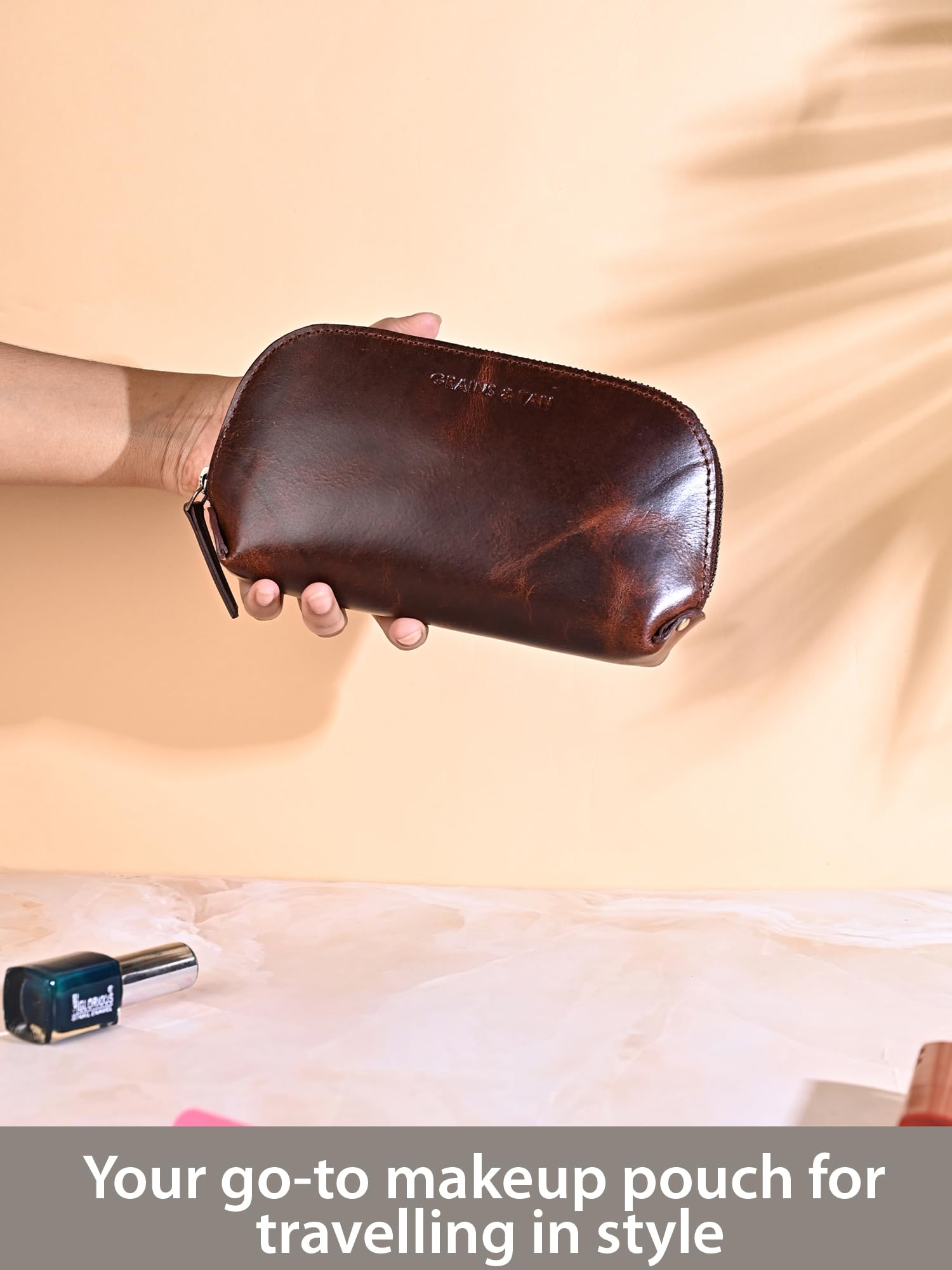 Genuine Leather Makeup Pouch for Women - Travel Cosmetic Bag Organizer with Multiple Pockets | Ladies Beauty Accessories Case for Skincare, Jewelry & Pencils | Perfect for Travel, Gym & Daily Use - Crunchy Brown