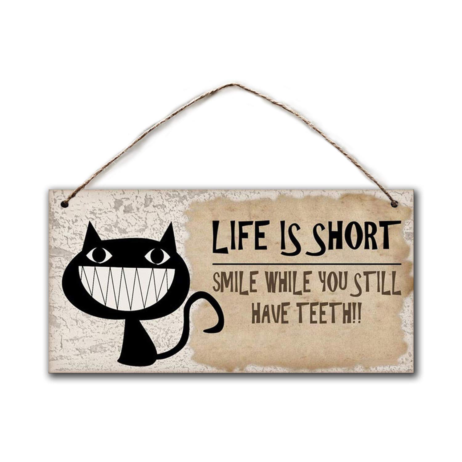 Funny Cat Sign - 'Life is Short Smile While You Still Have Teeth' Grunge Crackle Style Wooden Plaque - 5x10 Inch Home Decor for Cat Lovers - Perfect for Living Room, Bedroom or Office Wall Decor