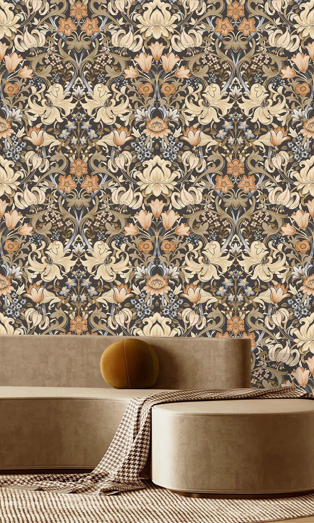 Charcoal and Orange Elegant Floral Damask Wallpaper R9635 - Premium Peel and Stick Wallpaper for Living Room, Bedroom, Dining Room Decor