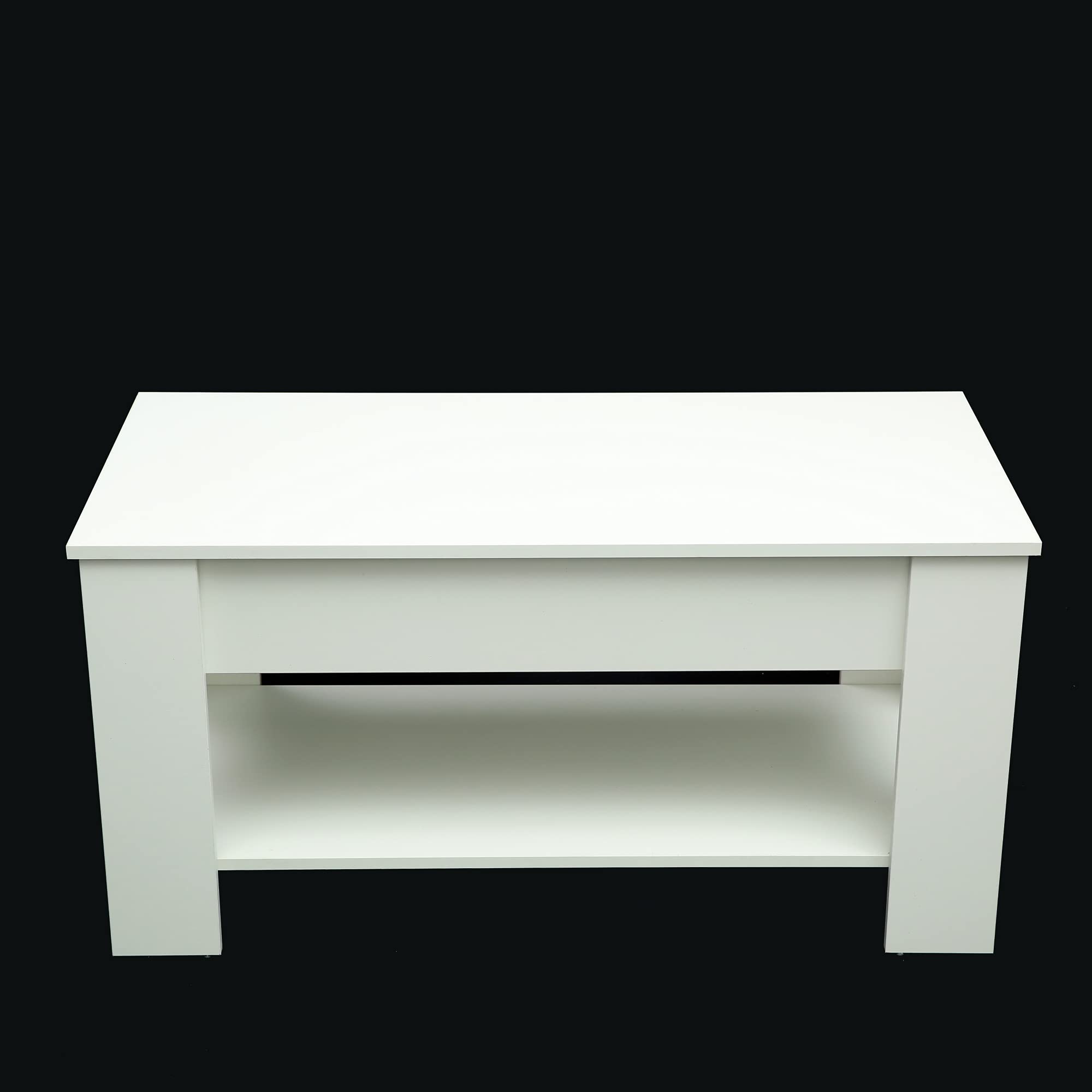 Lift Top Coffee Table with Hidden Storage & 2 Open Shelves - White Modern End Table for Living Room, Reception Area, Office - Perfect for Small Space Organization & Remote Work Setup