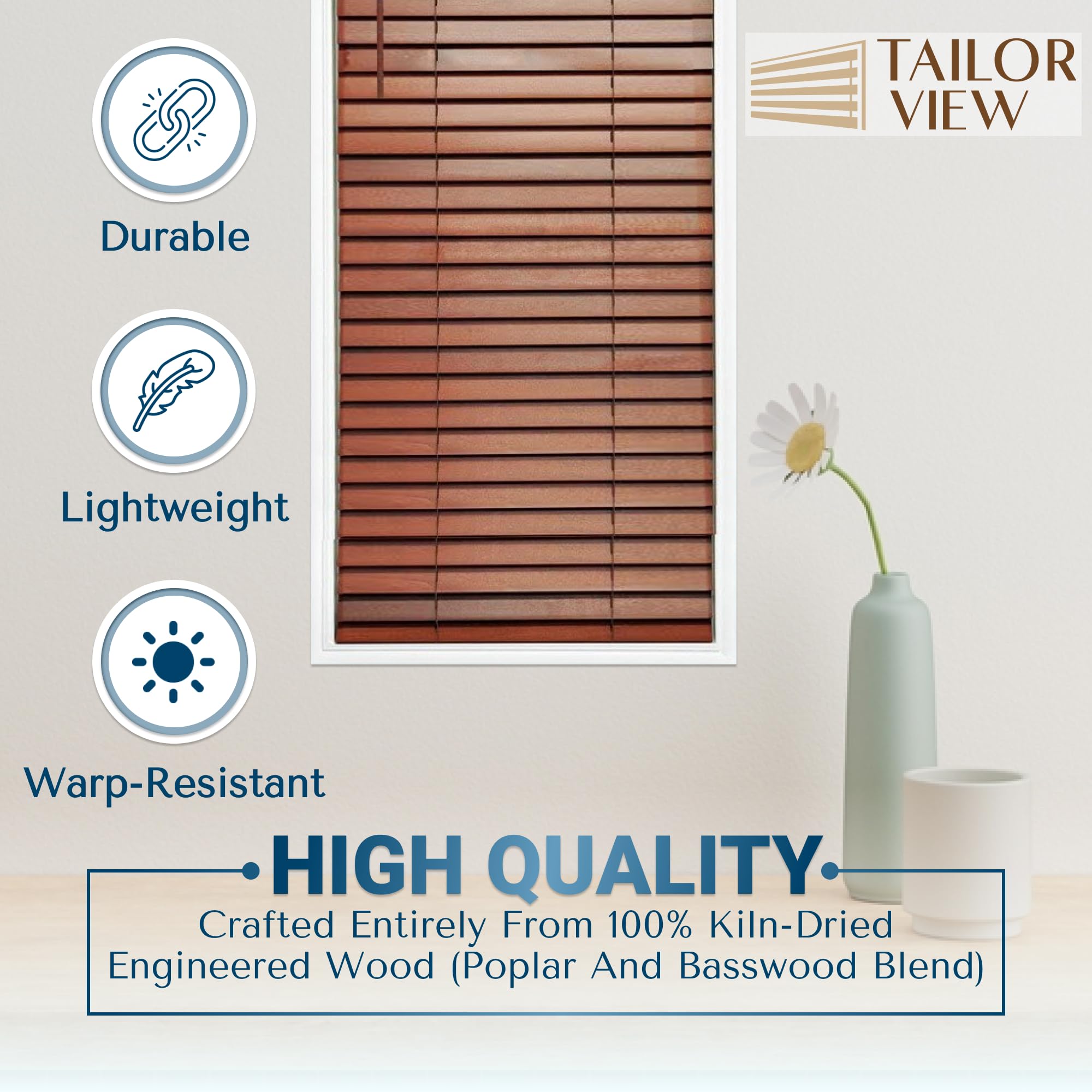 Customizable Wood Horizontal Cordless Window Blinds - 2 Inch Slats - Rosewood Finish - Inside or Outside Mount - Perfect for Living Room, Bedroom & Home Office