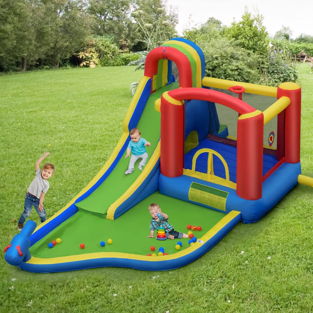 **BounTech Inflatable Water Slide for Kids - Outdoor Water Bounce House with Waterslide, Ball Pit & Splash Pool | Wet & Dry Combo Backyard Party Fun - Perfect for Summer, Birthdays & Family Gatherings**