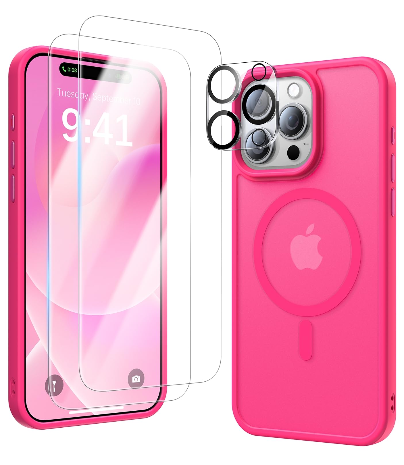 4 in 1 Magnetic Case for iPhone 15 Pro Max - Magsafe Compatible with 9H Tempered Glass Screen Protector & Camera Lens Cover | Shockproof Matte Finish in Hot Pink | Perfect for Work, Travel & Everyday Protection