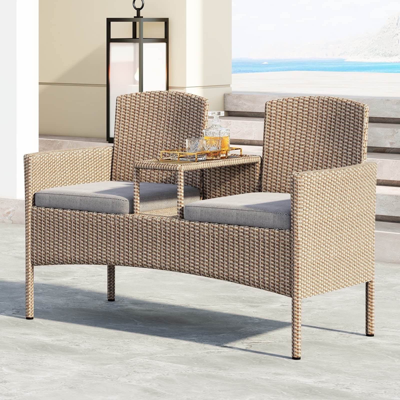 Lepus Outdoor Rattan Loveseat - Modern 2-Person Patio Bistro Set with Cushions, Built-in Wood Tabletop & Storage Space - Perfect for Backyard, Front Porch, Poolside Relaxation (Beige White) - Ideal for Outdoor Dining, Lounging and Entertaining Guests