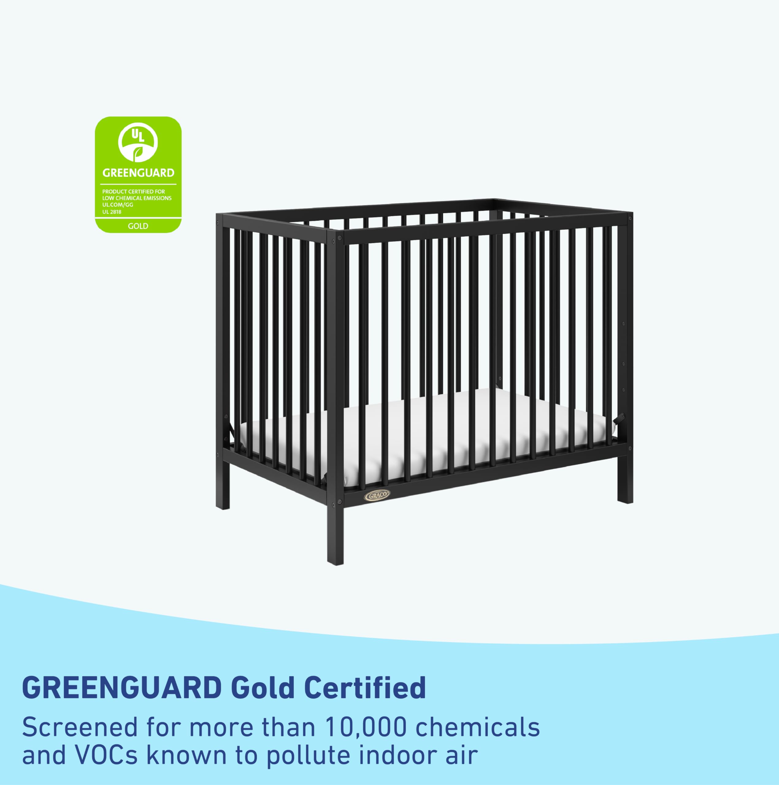 Graco Teddi 4-in-1 Convertible Mini Crib with Waterproof Mattress - GREENGUARD Gold Certified, Compact Nursery Bed for Small Spaces, Easy 30-Min Assembly (Black) | Perfect for Apartments, Daycares & Travel | Includes 2.75-Inch Mattress