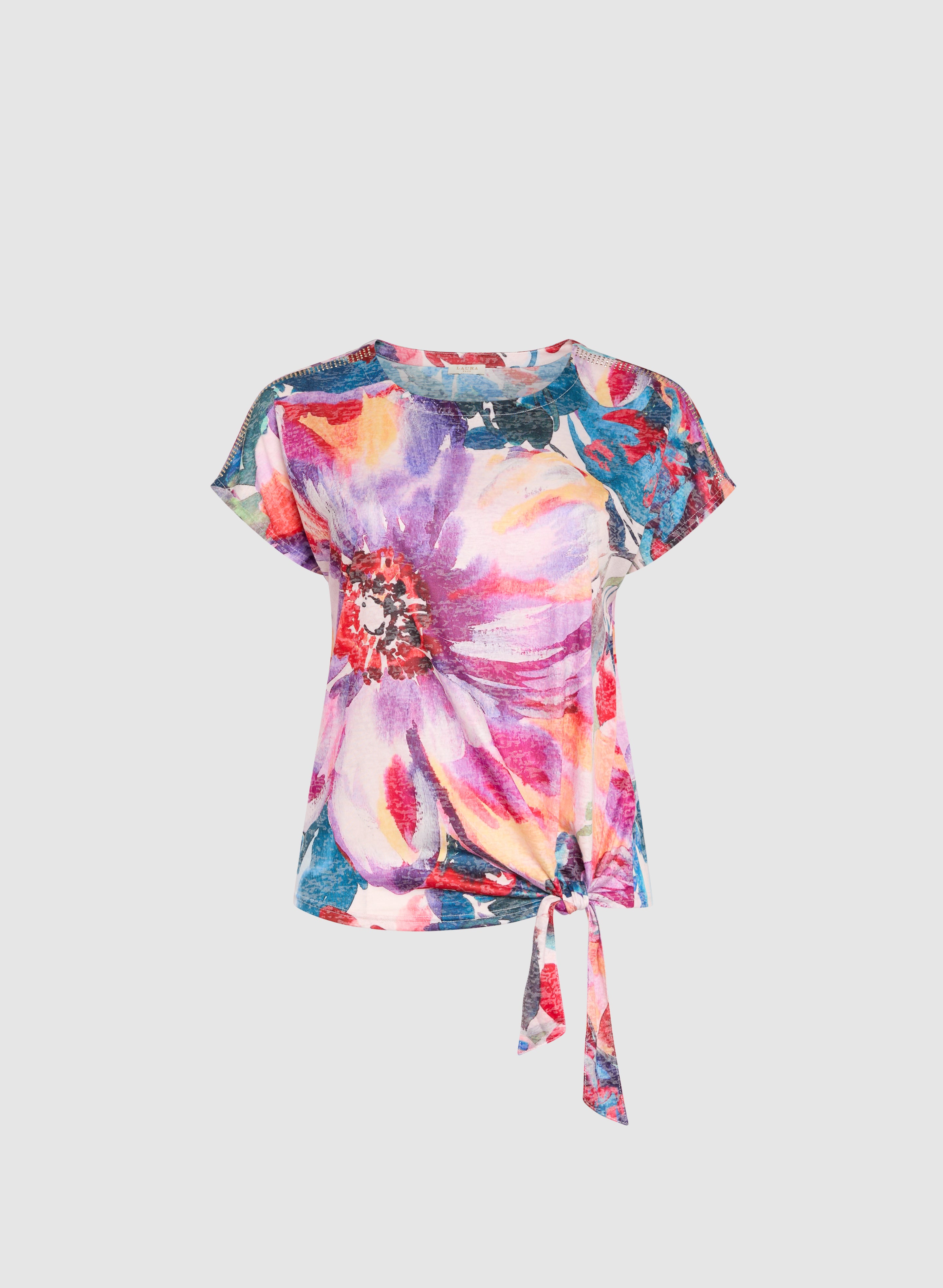 Floral Print Tied Hem T-Shirt for Women - Stylish Casual Summer Top for Outings & Beach Wear