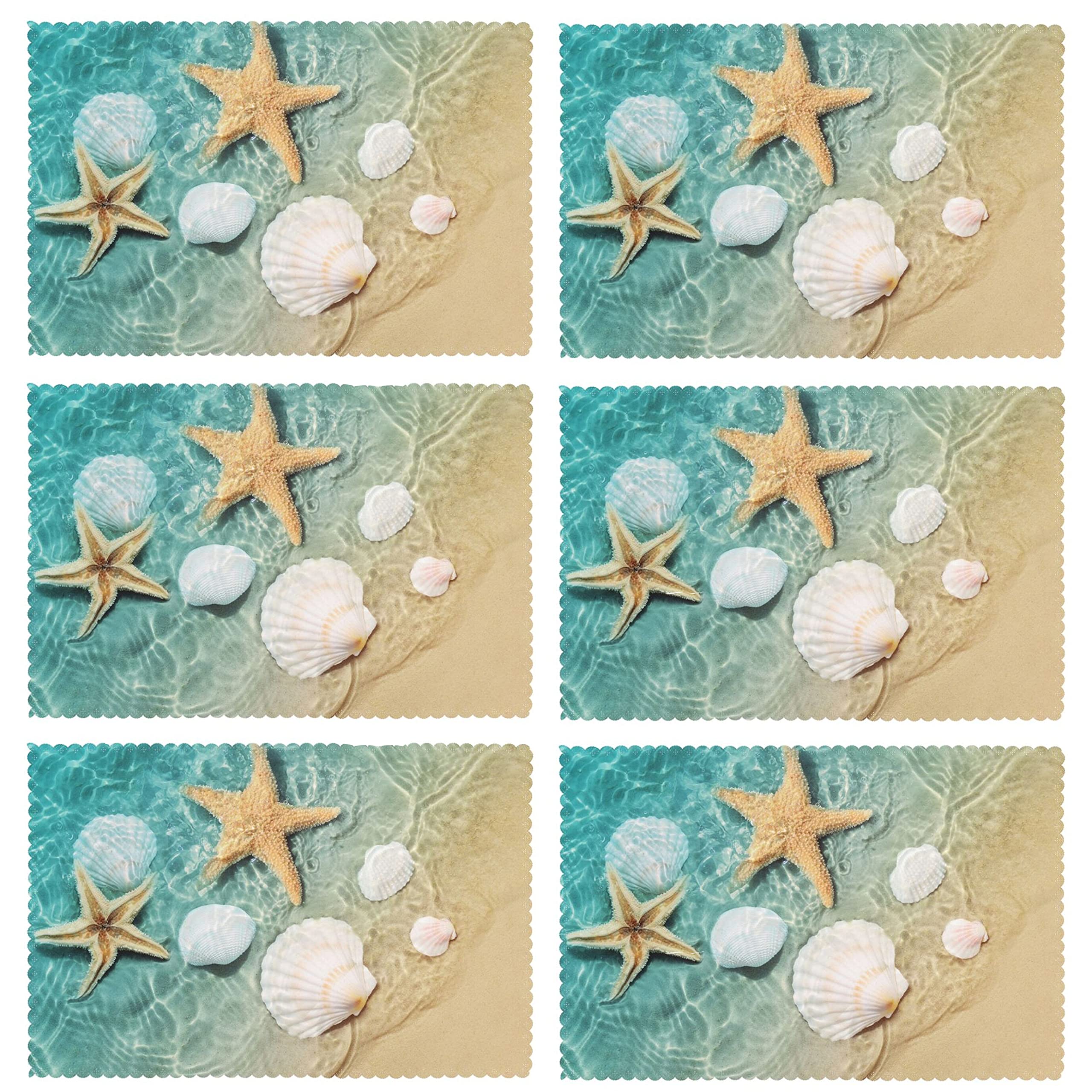 6-Pack Summer Starfish Placemats - Beach Themed Washable Non-Slip Table Mats (12