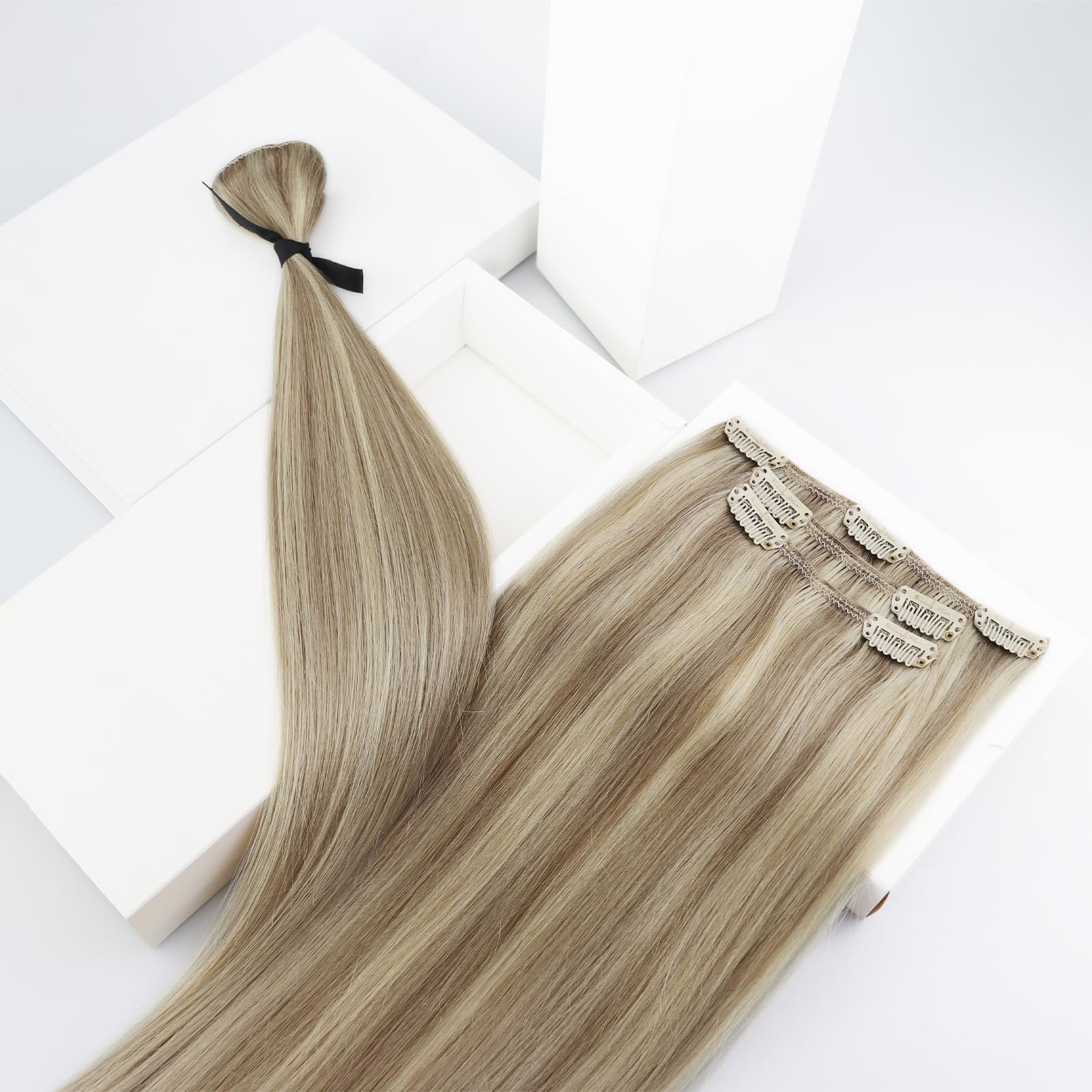 2 Pack Clip in Hair Extensions & Invisible Wire Hair Extensions - Ash Blonde & Golden Blonde Highlights - 14 Inch 170g - Perfect for Daily Styling, Parties & Special Occasions