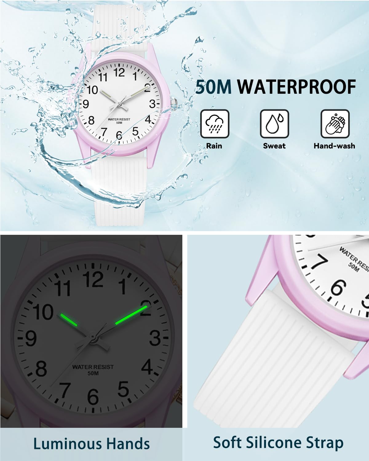 CIVO Kids Analog Watch - Waterproof, Luminous, Silicone Strap for Girls & Boys 5-12 | Perfect for Swimming & School