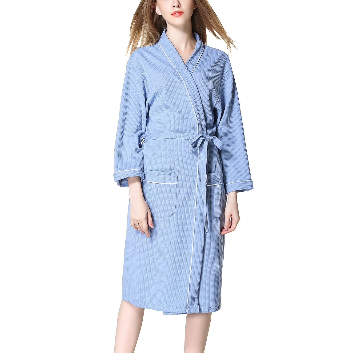 Lu's Chic Women's Waffle Robe - Lightweight Mid-Length Bathrobe with Belt, Soft Wave Texture for Spa, Sleepwear & Lounge Wear - Perfect for Relaxing at Home, After Shower or Vacation Getaway
