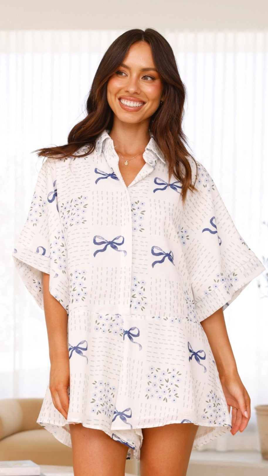 Alexandria Playsuit - Sweet Bow Blue Floral Romper for Women | Summer Casual Outfit, Beach Cover-Up, Vacation Dress
