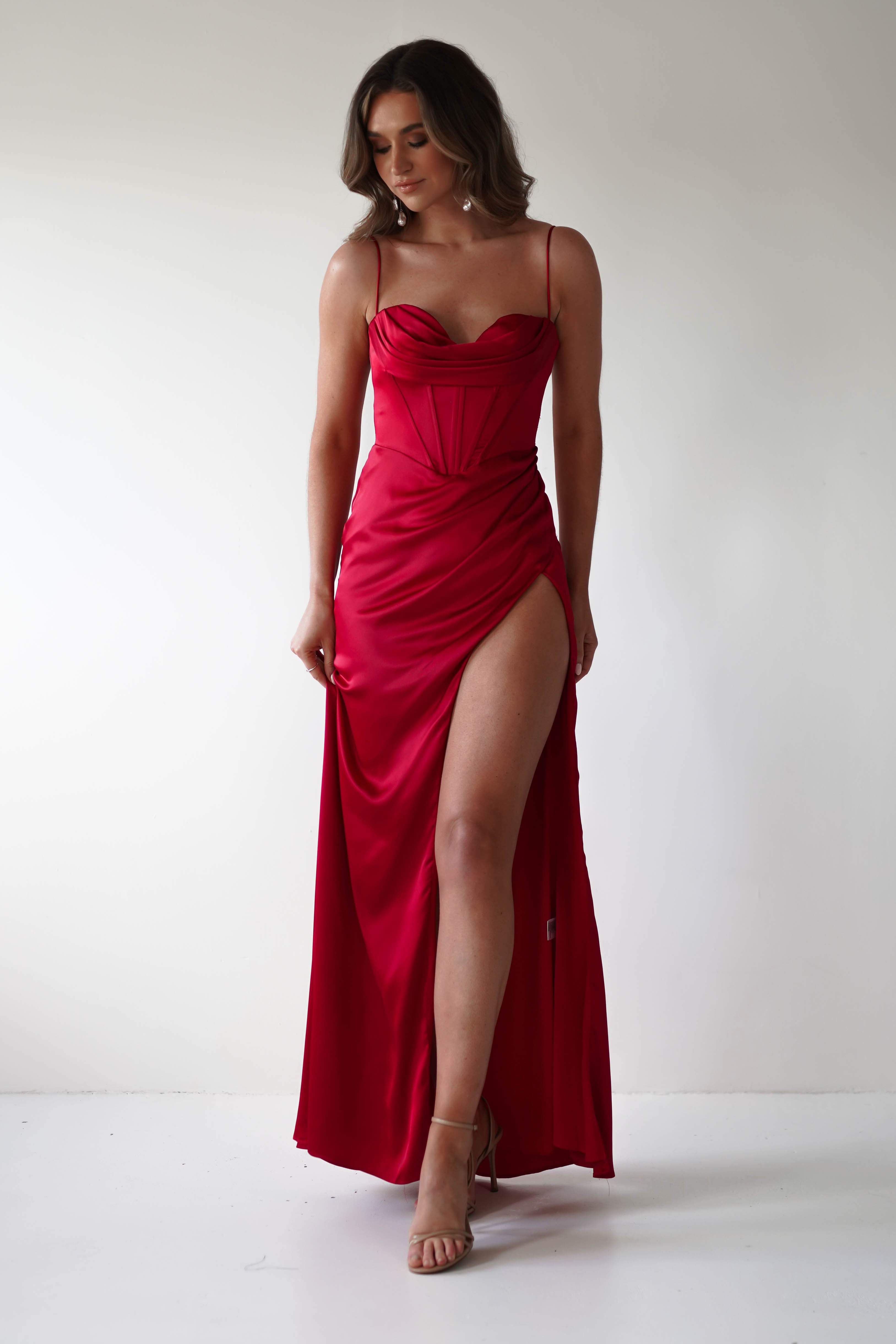 Julianne Corset Satin Gown - Elegant Red Evening Dress for Women | Perfect for Prom, Wedding, and Formal Events