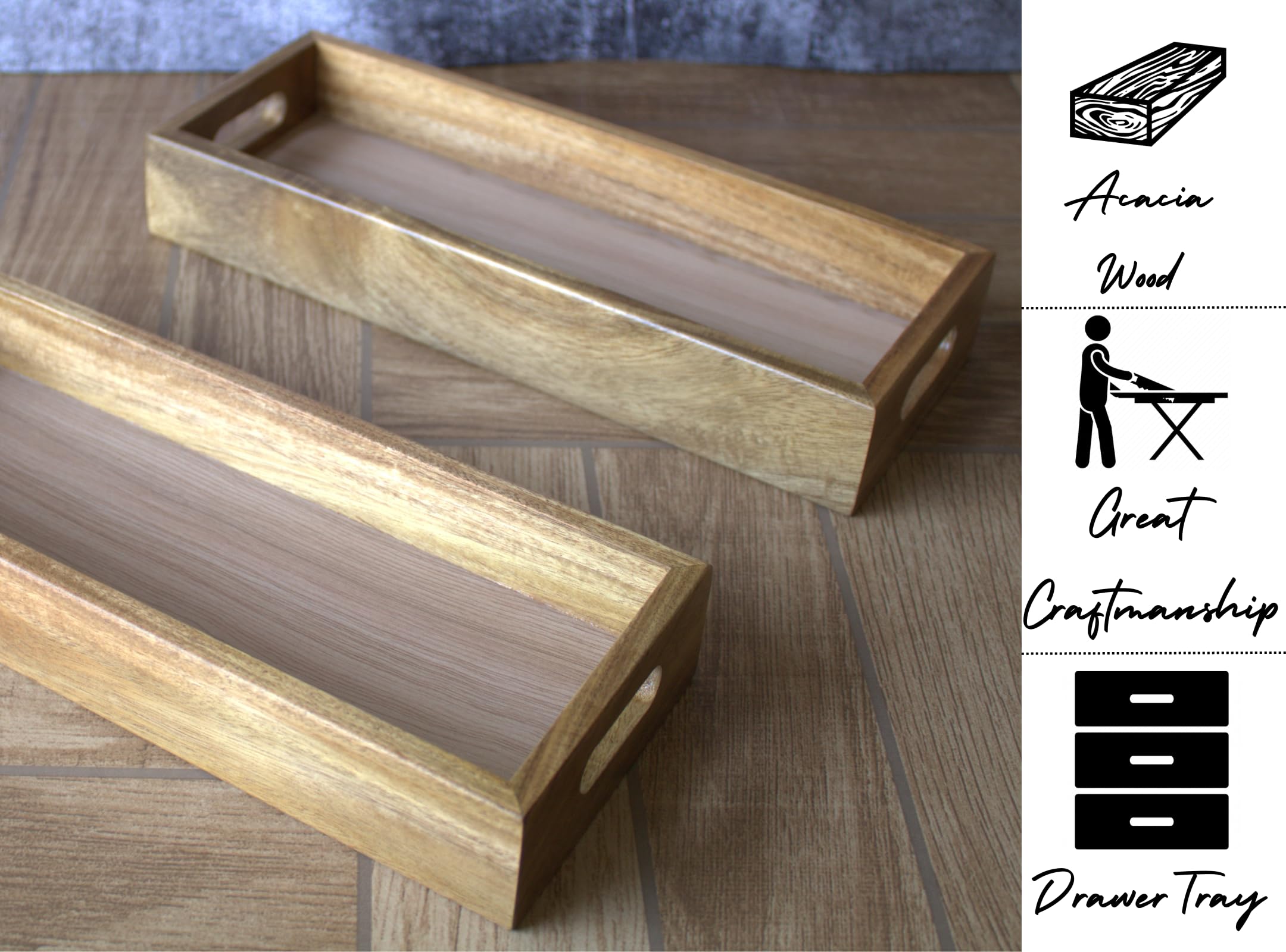 Acacia Wood Organizer Tray Set of 2 - Multipurpose Vanity & Kitchen Storage for Jewelry, Makeup, Utensils, Spices - Eco-Friendly Home & Office Desk Decor - Perfect for Bathroom Countertops, Dresser Tops, and Kitchen Counter Organization