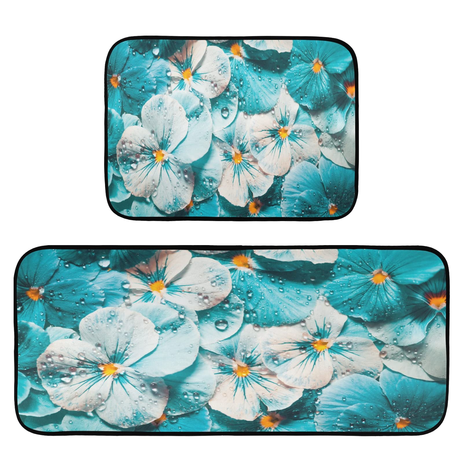 2-Pack Teal Turquoise Floral Non-Slip Kitchen Rugs - Cushioned Floor Mats for Kitchen, Laundry, Bathroom & Dining Room - Soft Doormats for Home Decor & Comfort
