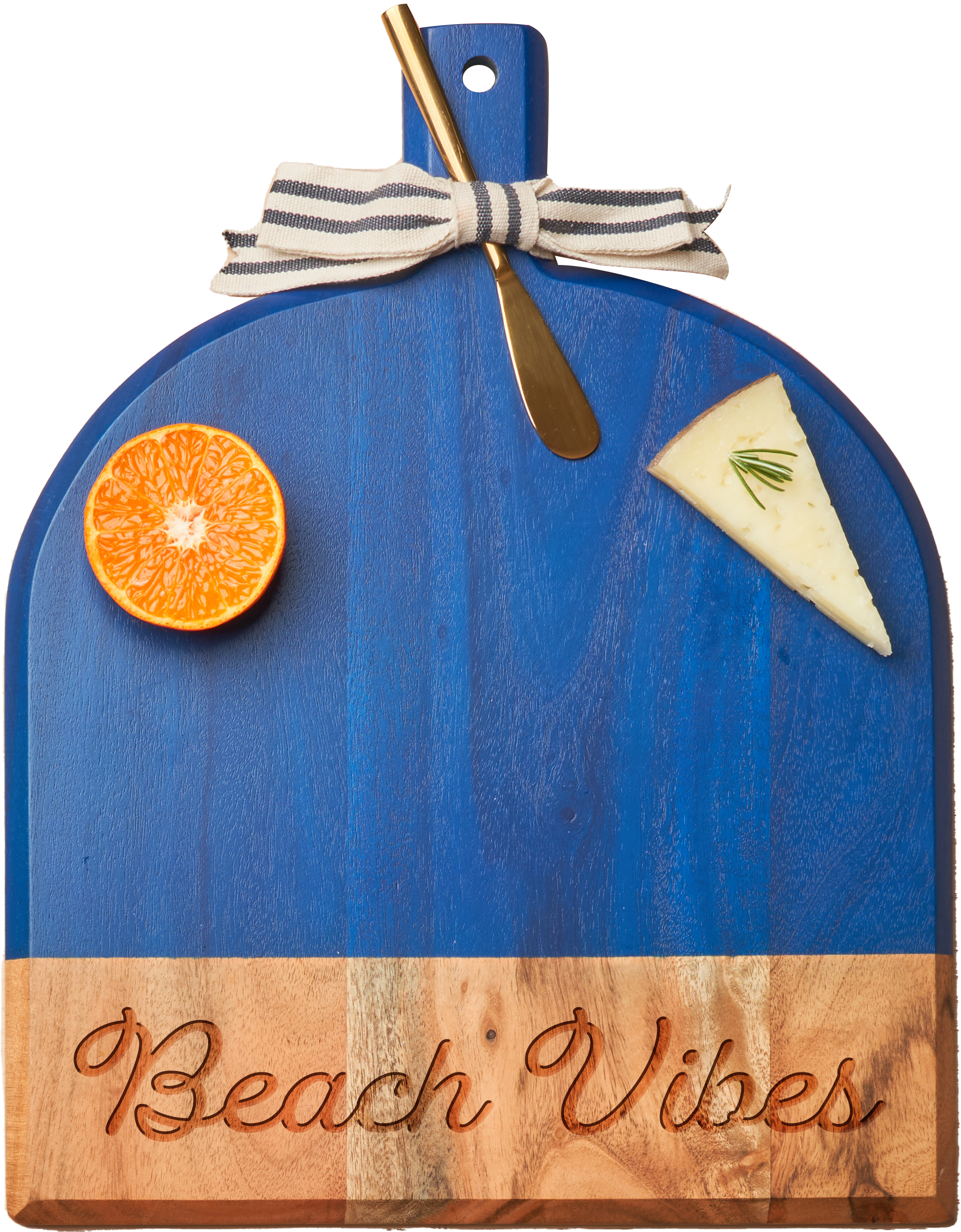 Bevel Board Blue with Ribbon & Gold Spreader Knife - 15 x 12 Inch Cheese & Charcuterie Serving Board - Perfect for Beach Parties, Picnics, and Entertaining Guests